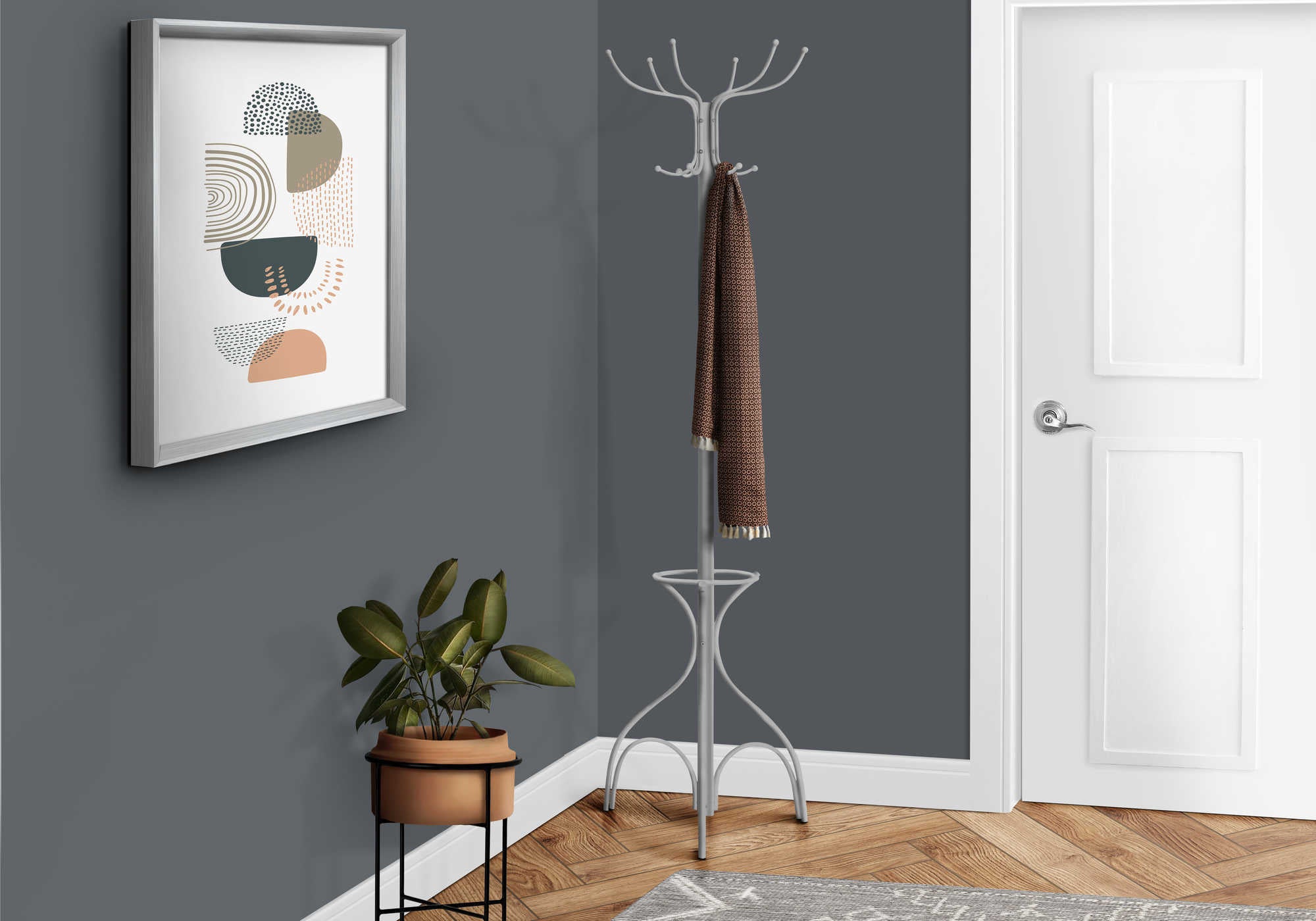 Image of coat rack - 70h  silver metal with an umbrella holder i 2032.