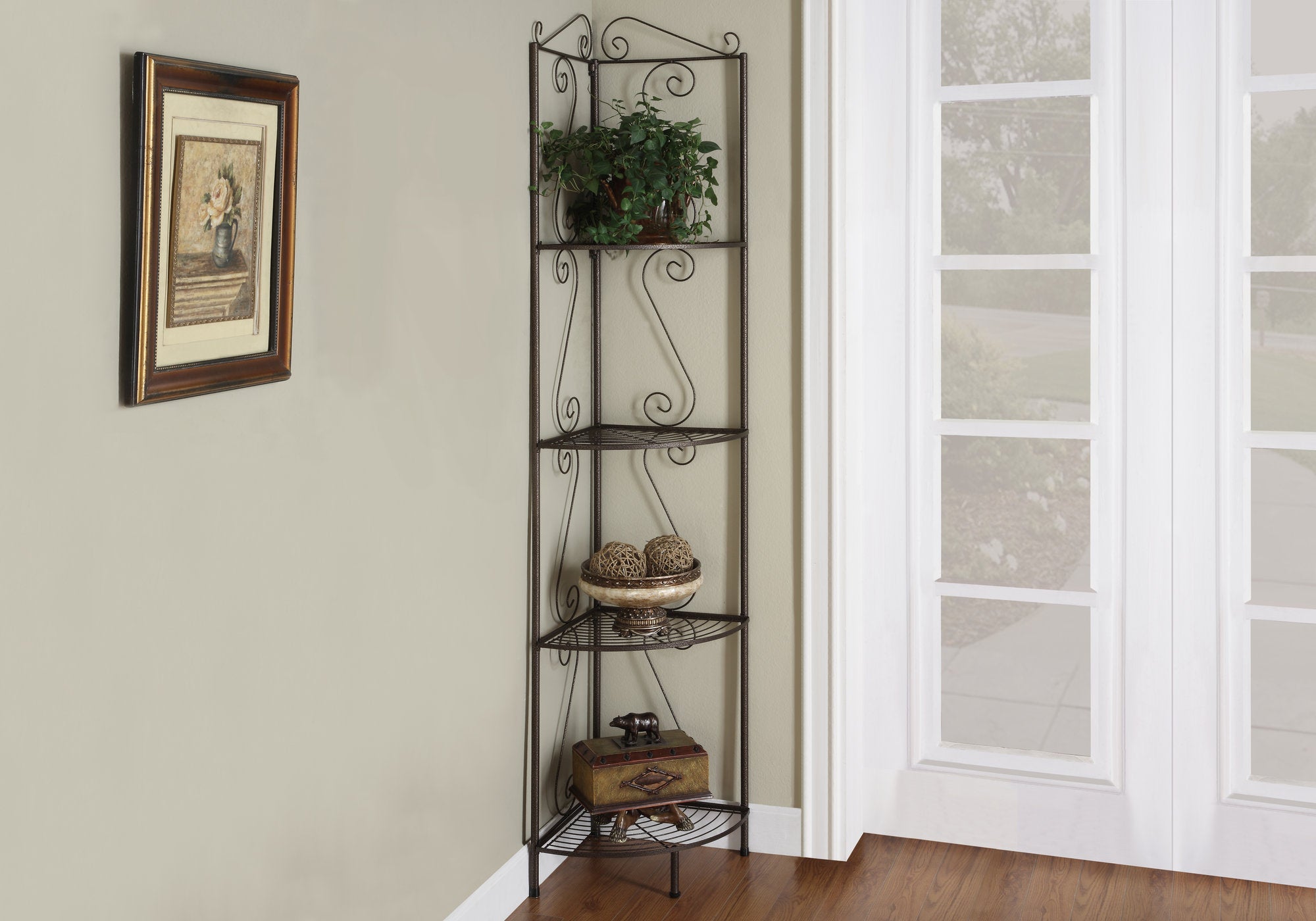 Image of bookcase - 70inch h copper metal corner etagere  i 2100.