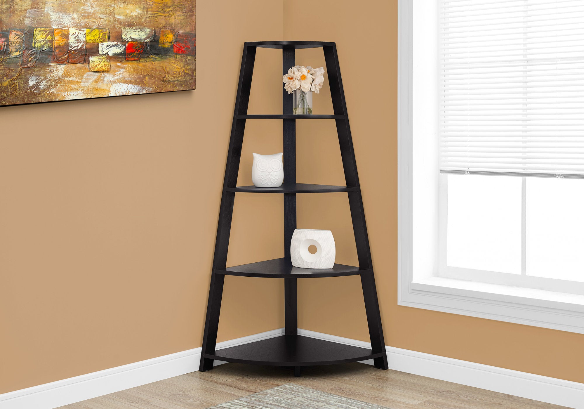 Image of bookcase - 60inch h espresso corner accent etagere  i 2423.
