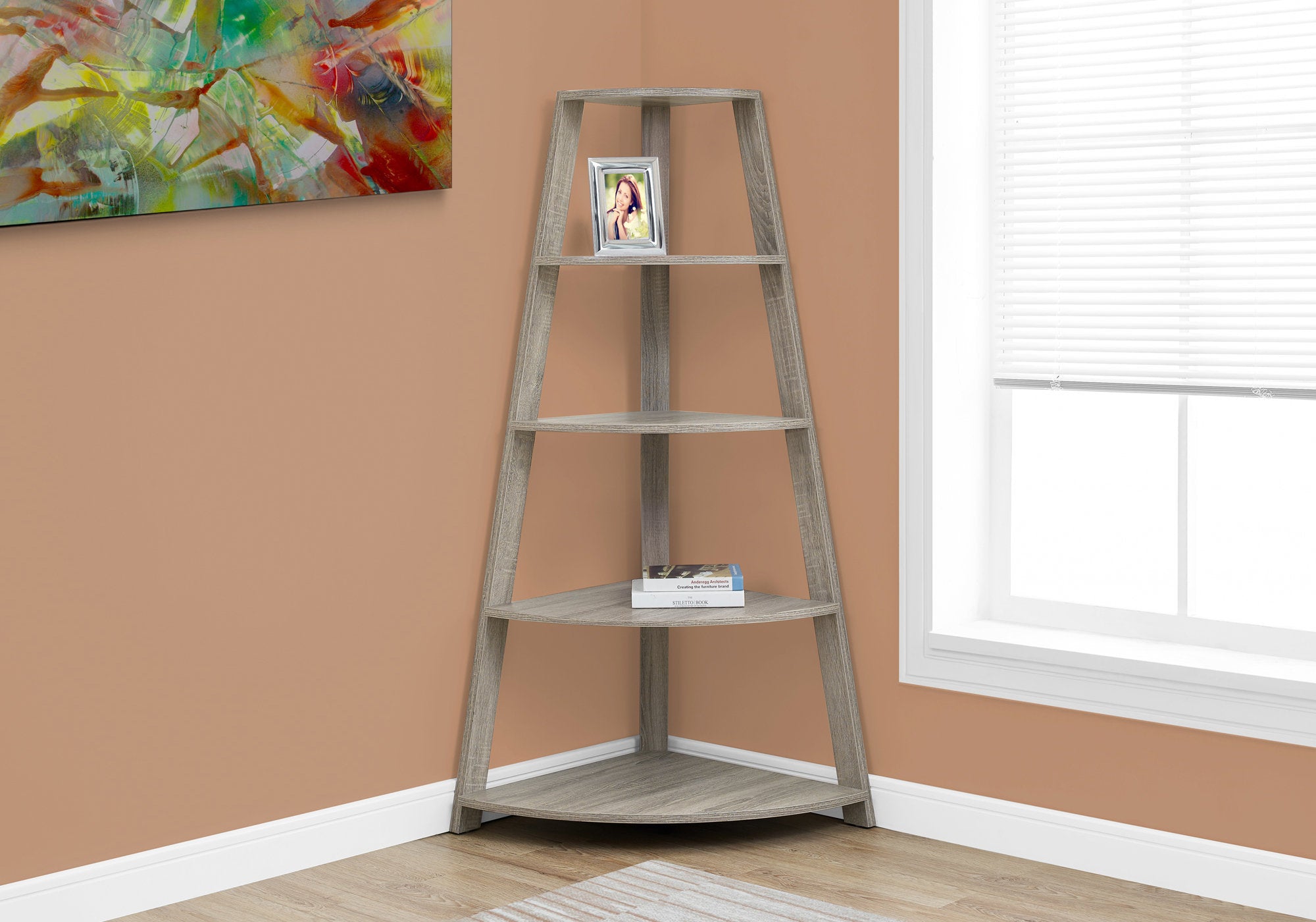 Image of bookcase - 60inch h dark taupe corner accent etagere  i 2424.