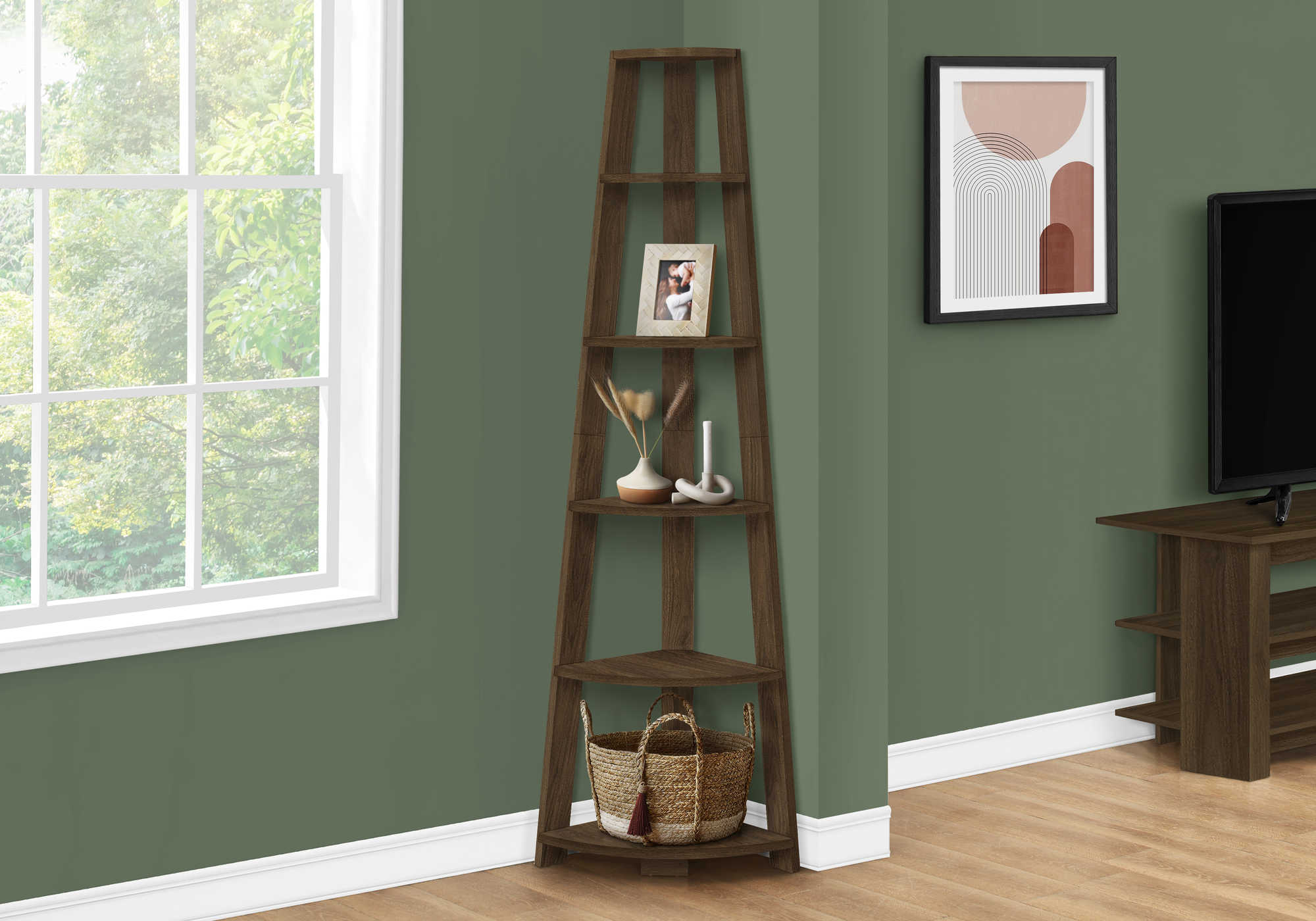 Image of bookcase - 72h  dark walnut corner accent etagere i 2464.