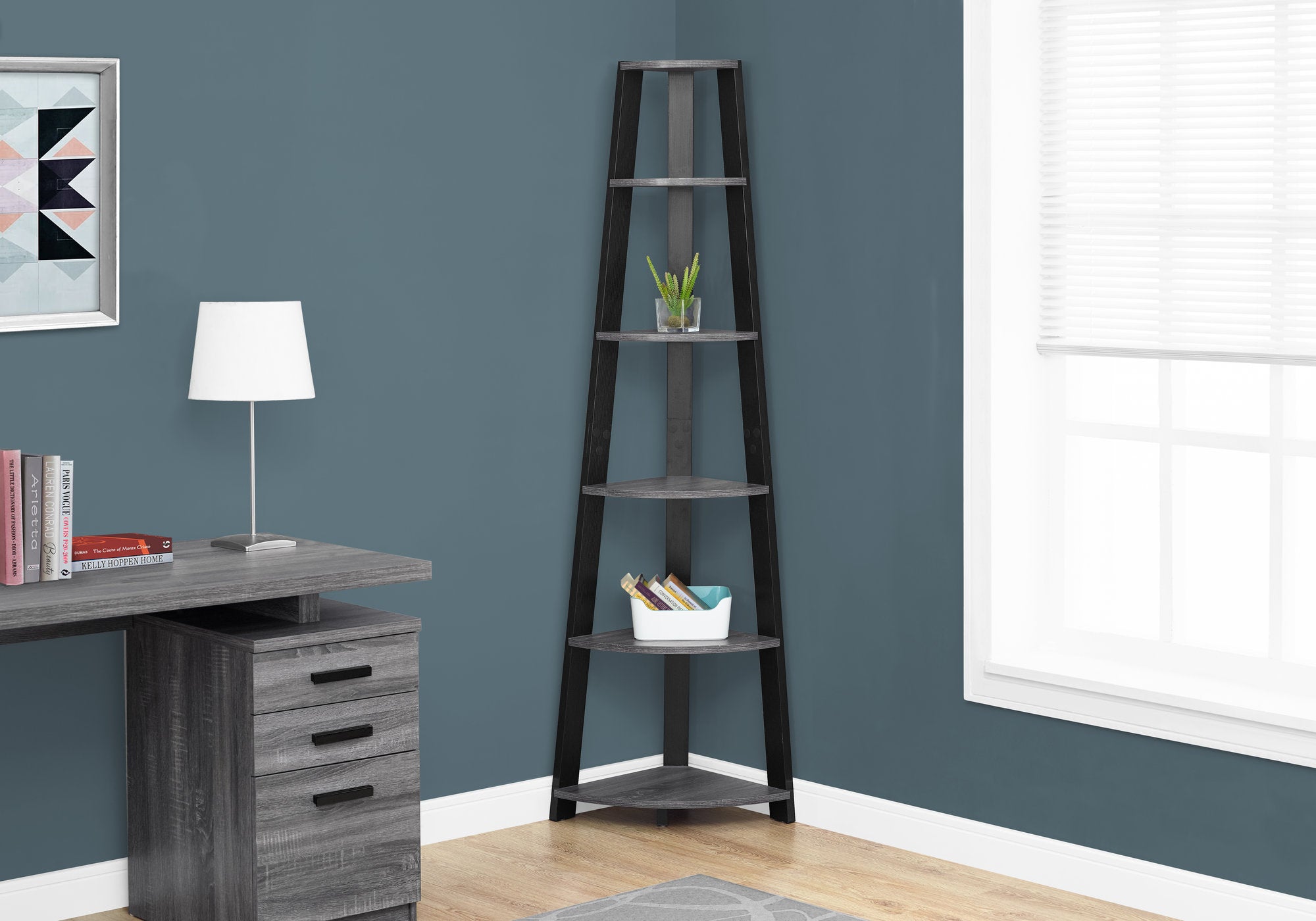 Image of bookcase - 72inch h grey-black corner accent etagere  i 2750.