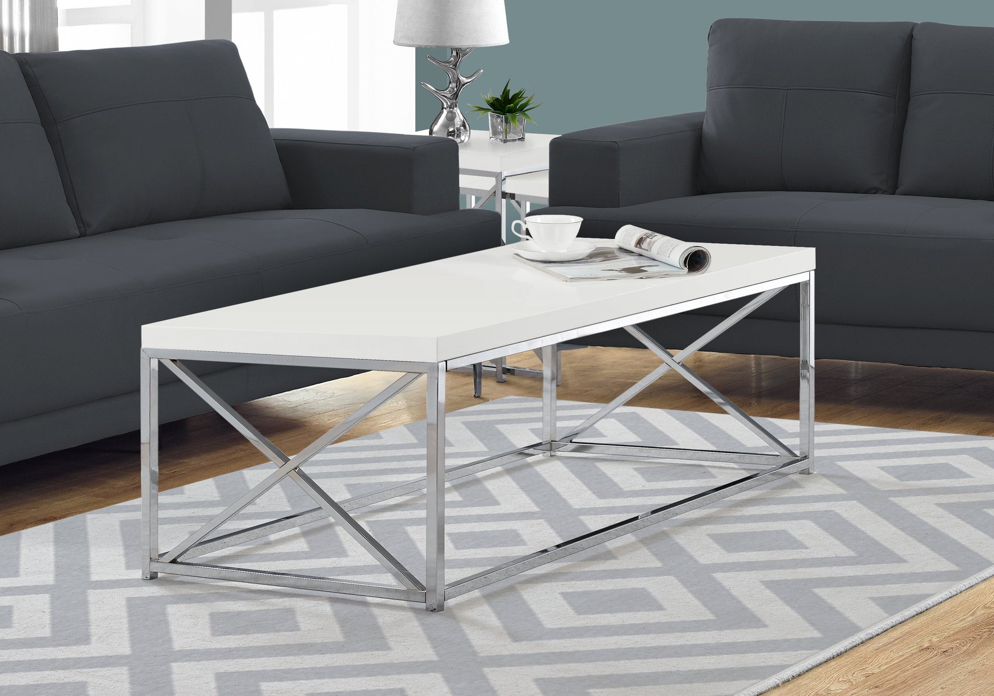 Image of coffee table - glossy white with chrome metal  i 3028.