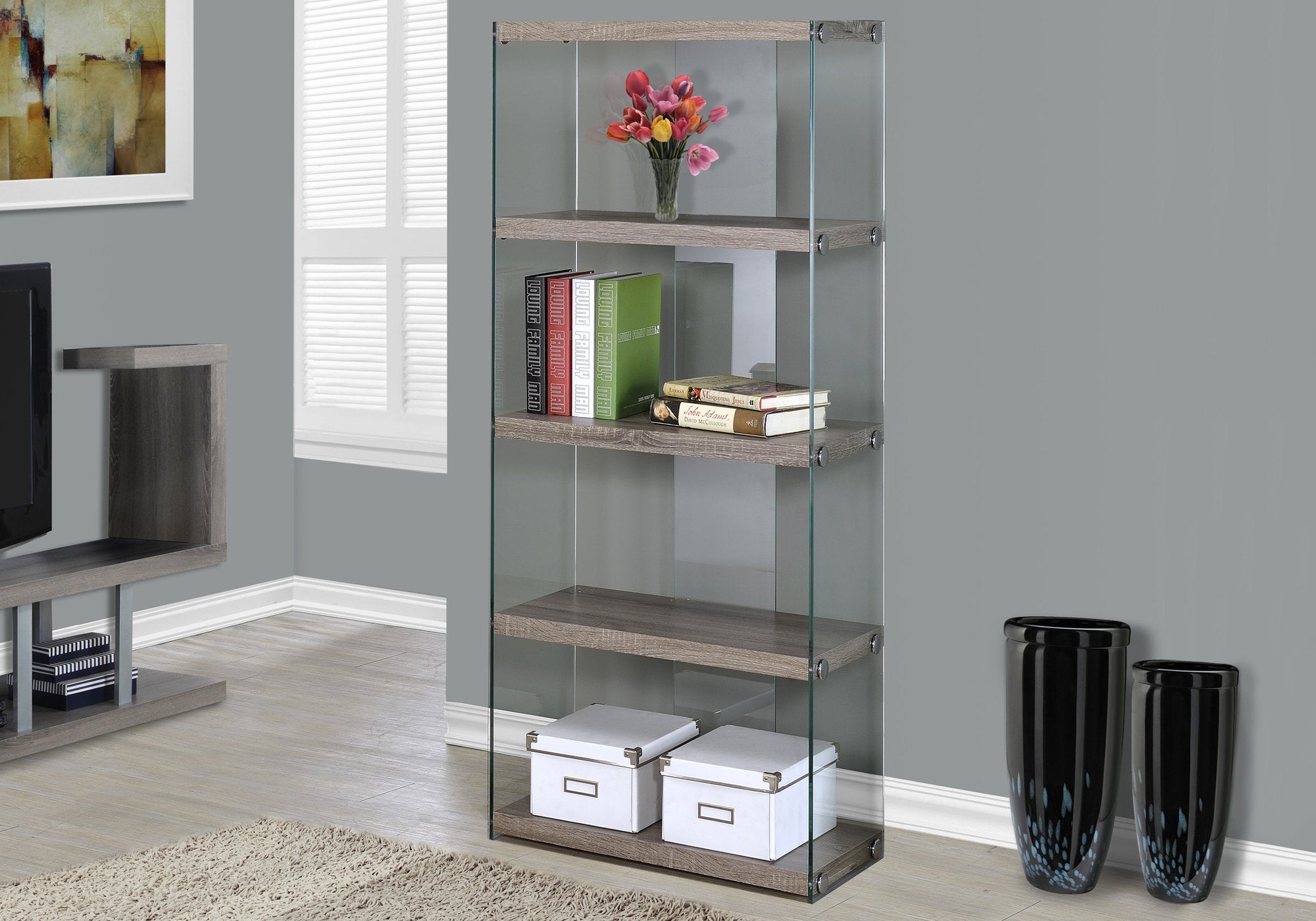 Image of bookcase - 60inch h dark taupe with tempered glass  i 3060.