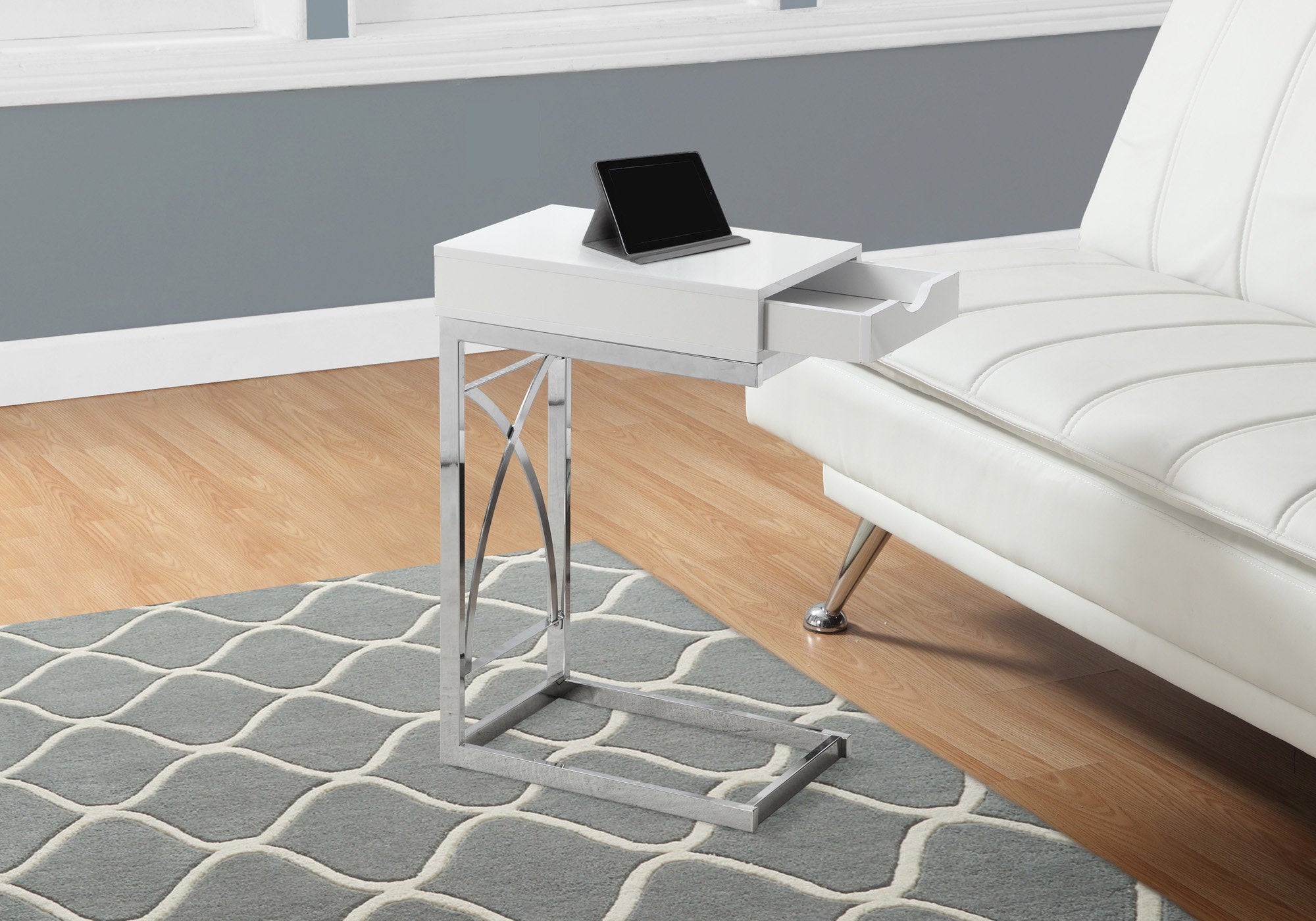 Image of accent table - chrome metal glossy white with a drawer  i 3170.