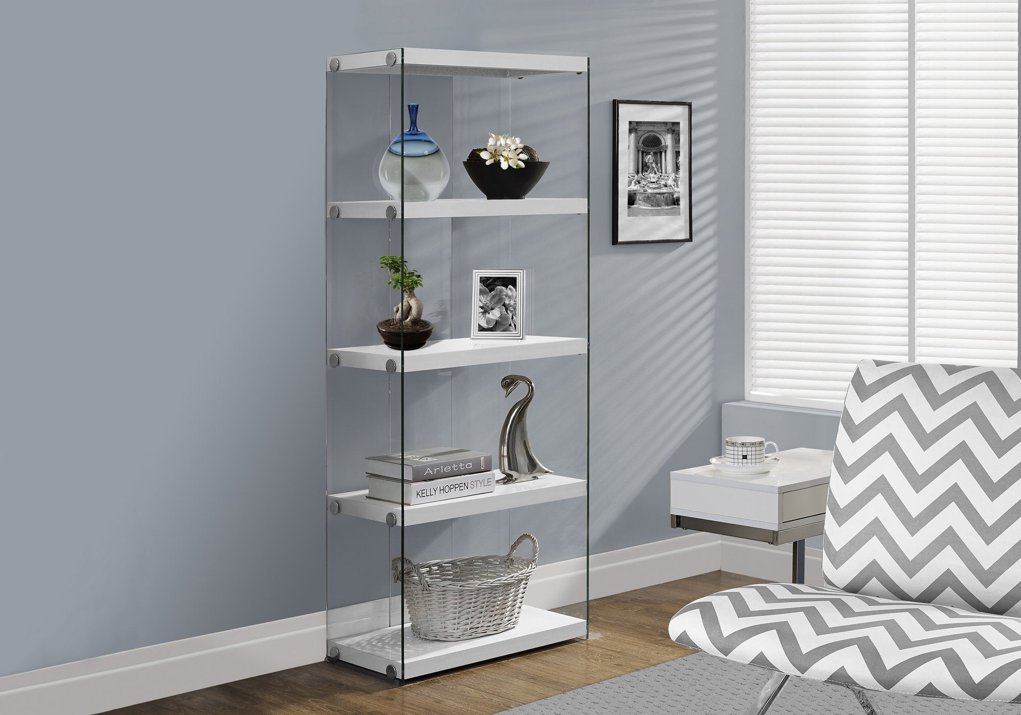 Image of bookcase - 60inch h glossy white with tempered glass  i 3289.