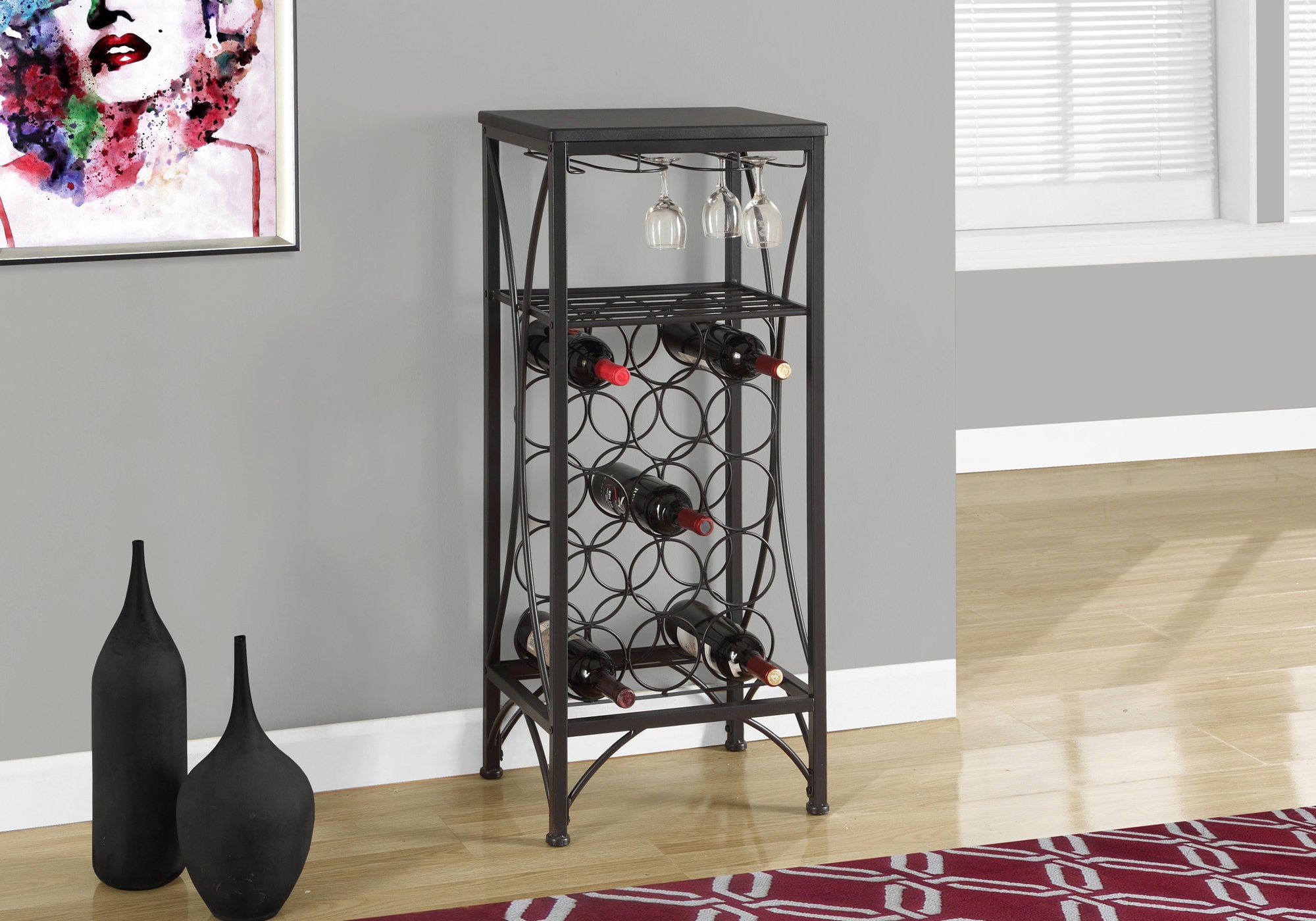 Image of home bar - 40inch h black metal wine bottle and glass rack  i 3347.