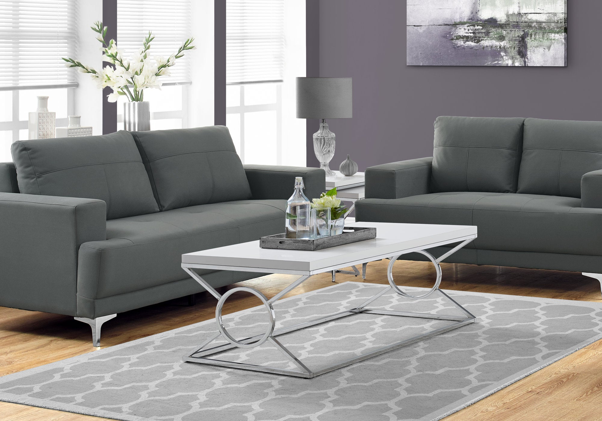 Image of coffee table - glossy white with chrome metal  i 3400.