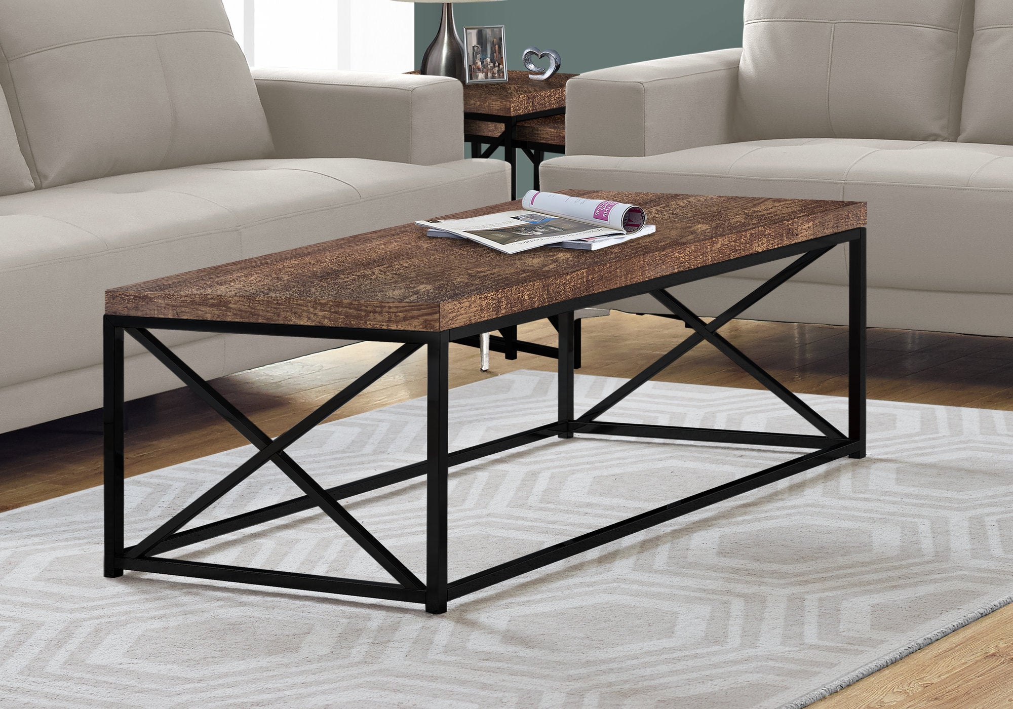 Image of coffee table - brown reclaimed wood-look black metal  i 3416.