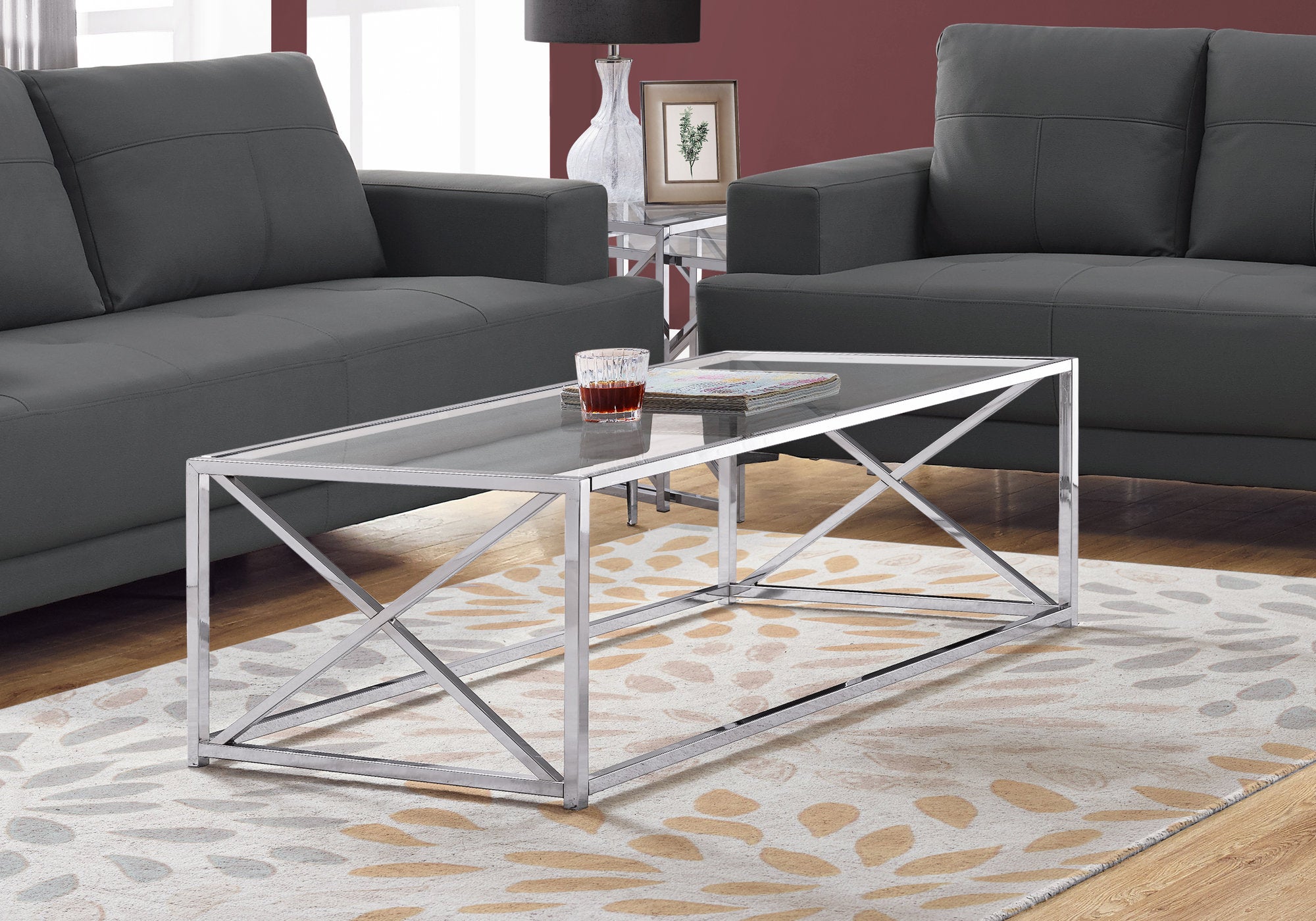 Image of coffee table - 44inch l chrome metal with tempered glass  i 3440.