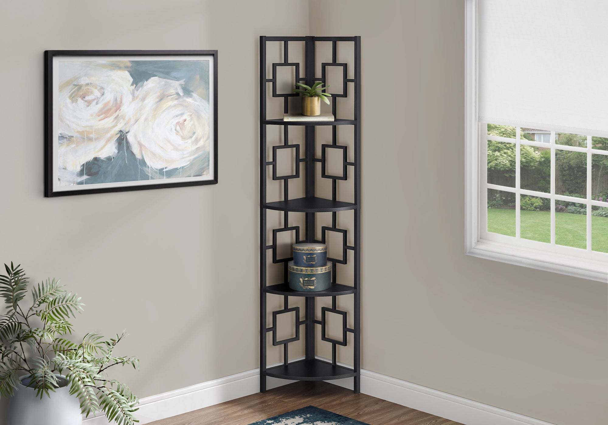 Image of bookcase - 62inch h black black metal corner etagere  i 3610.