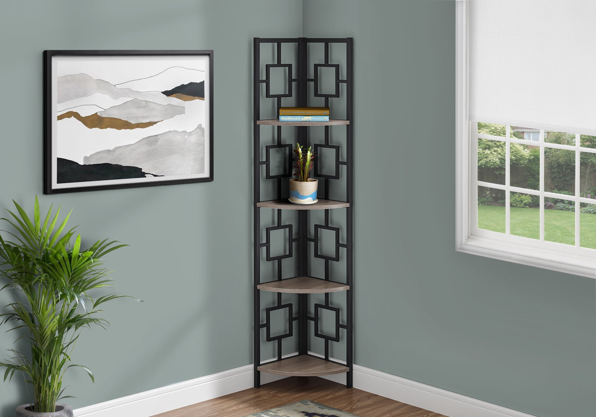 Image of bookcase - 62inch h dark taupe black metal corner etagere  i 3611.