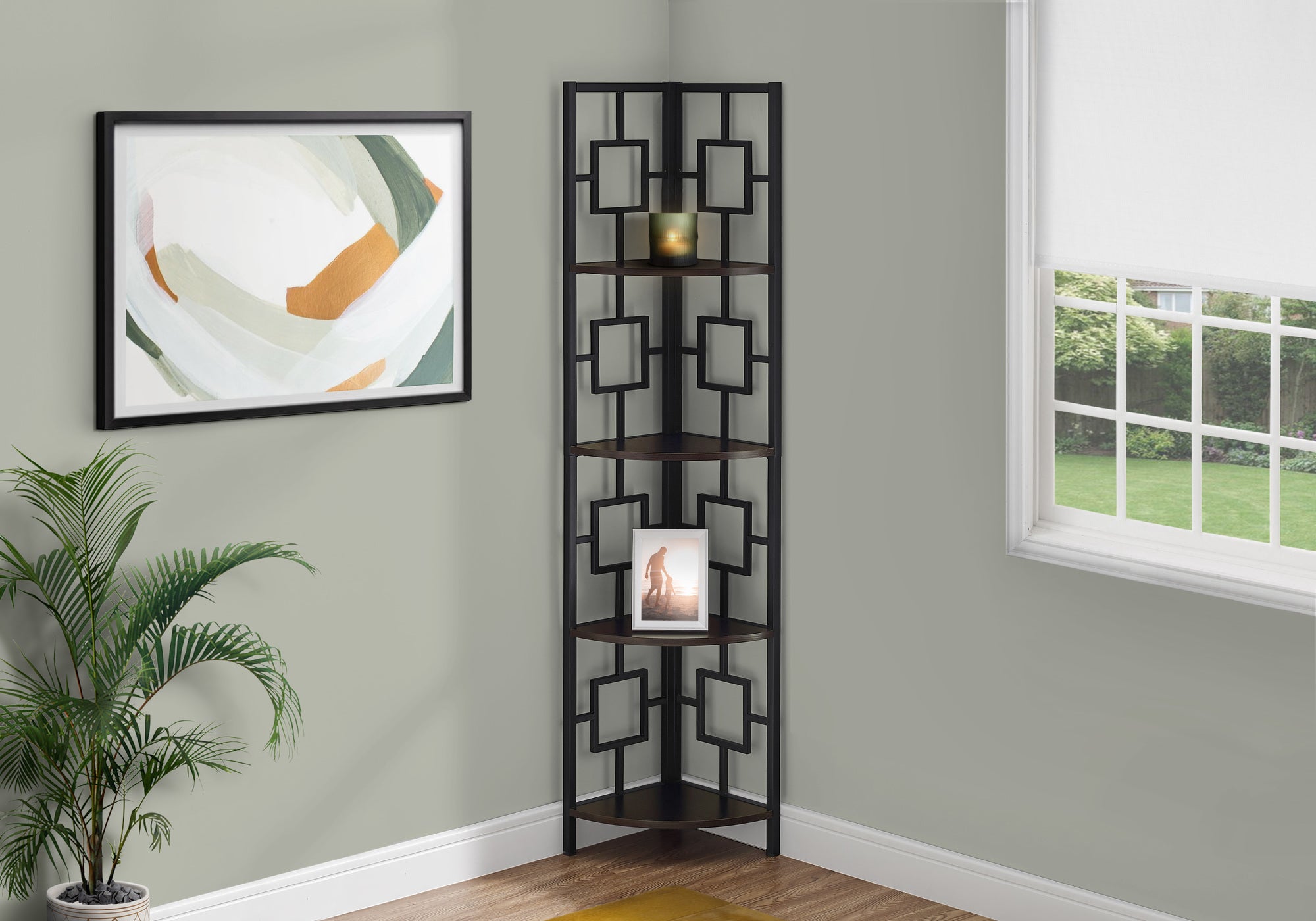 Image of bookcase - 62inch h espresso black metal corner etagere  i 3612.