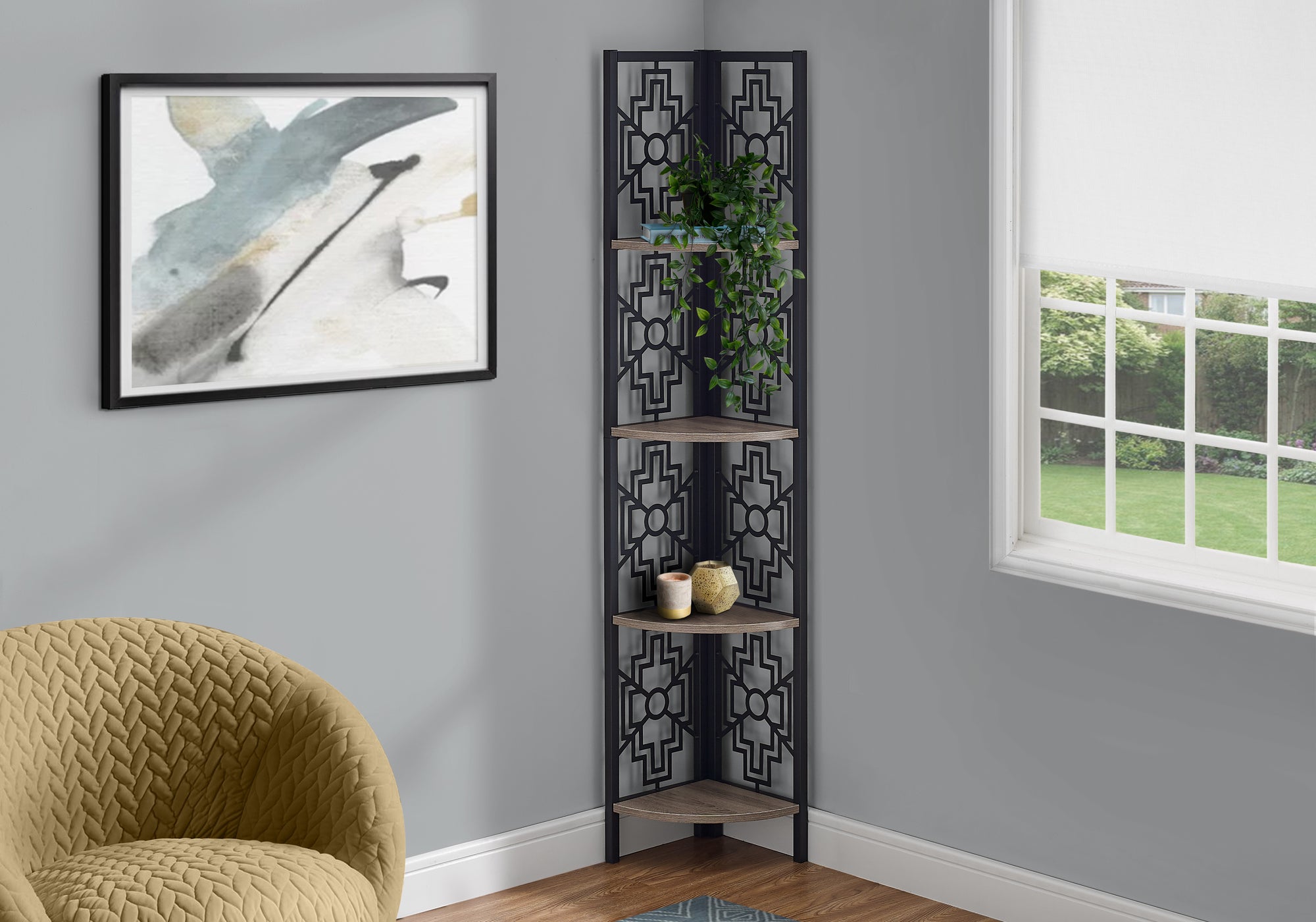 Image of bookcase - 62inch h dark taupe black metal corner etagere  i 3621.