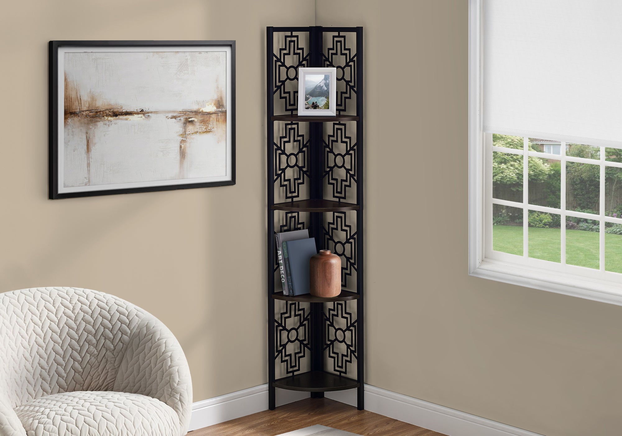 Image of bookcase - 62inch h espresso black metal corner etagere  i 3622.