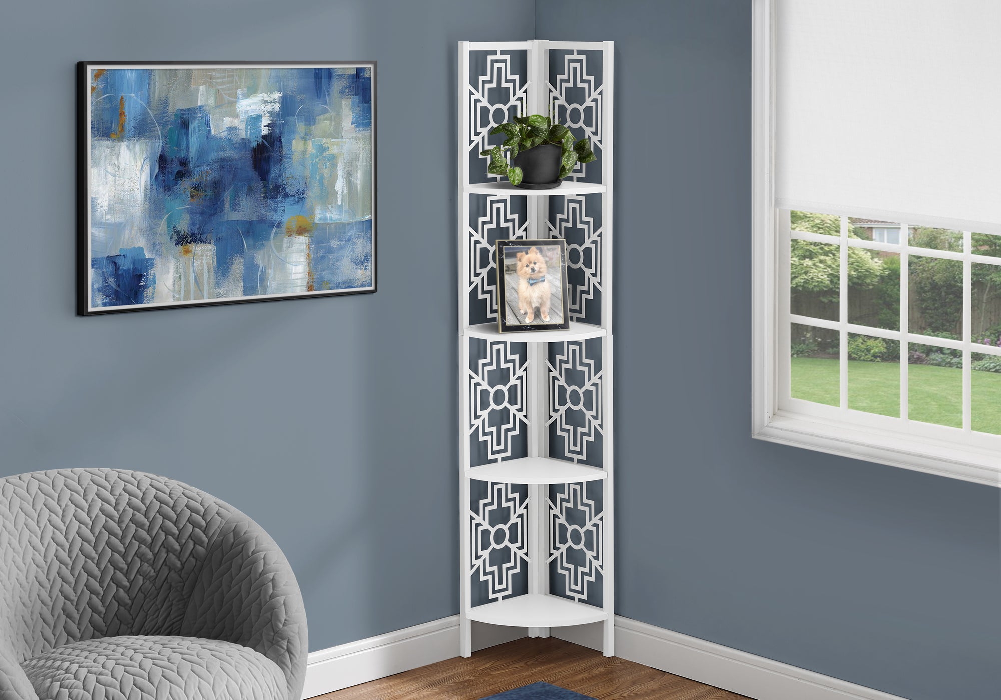 Image of bookcase - 62inch h white white metal corner etagere  i 3623.