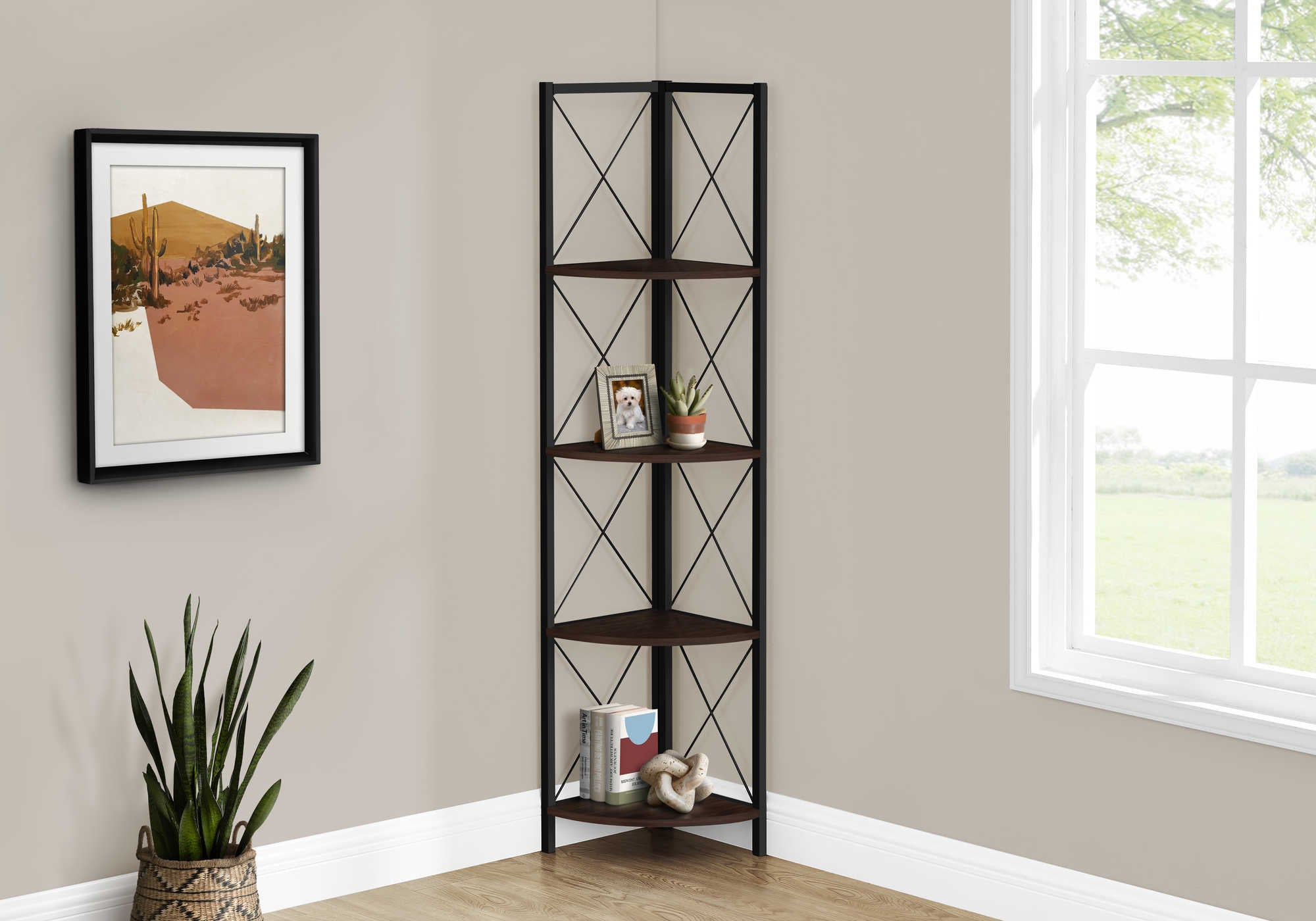 Image of bookcase - 60h espresso black metal corner etagere  i 3645.