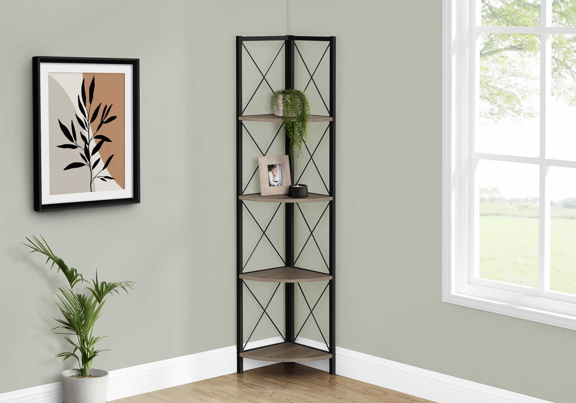 Image of bookcase - 60h  dark taupe  black metal corner etagere  i 3648.