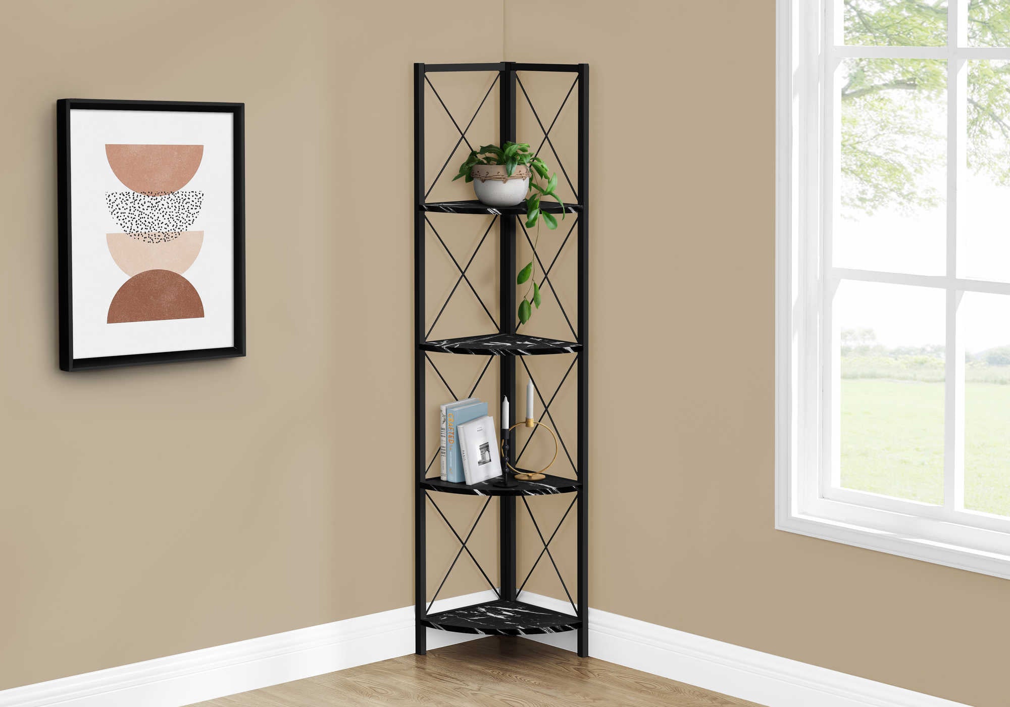 Image of bookcase - 60h  black marble  black metal corner i 3650.