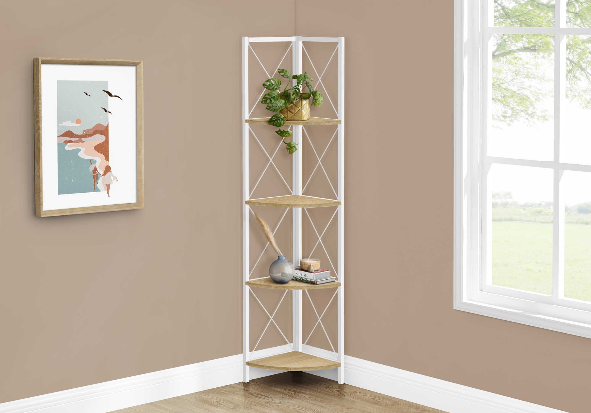 Image of bookcase - 60h  natural  white metal corner etagere  i 3652.