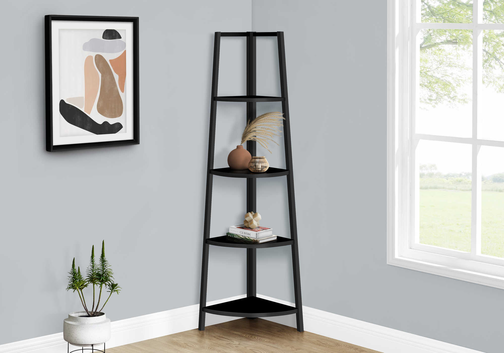 Image of bookcase - 60h  black  black metal corner etagere  i 3664.