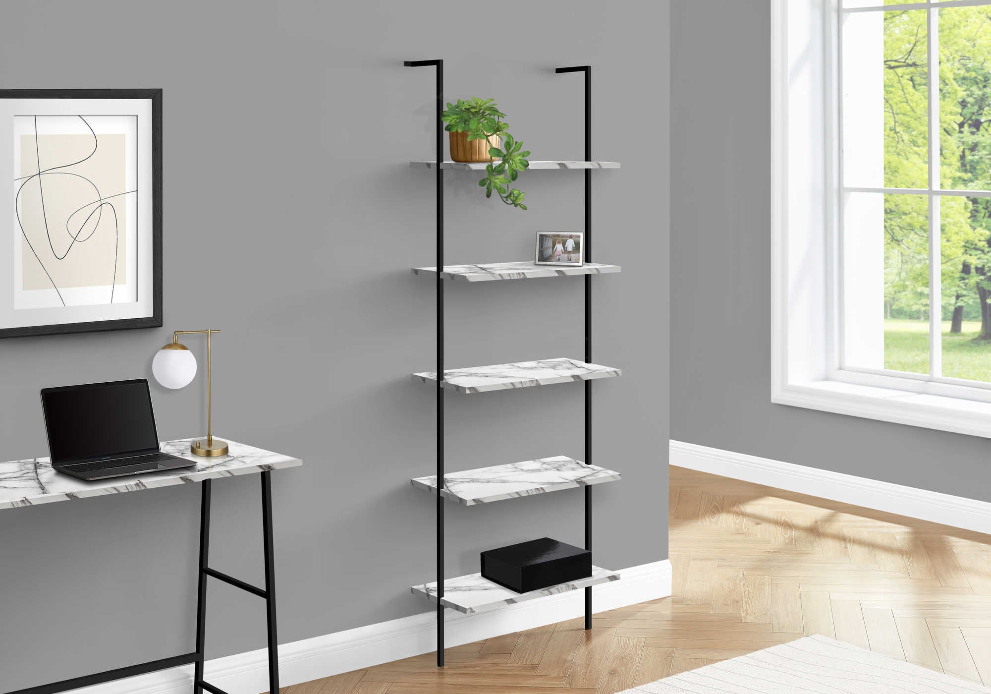 Image of bookcase - 72h ladder white marble  black metal i 3685.