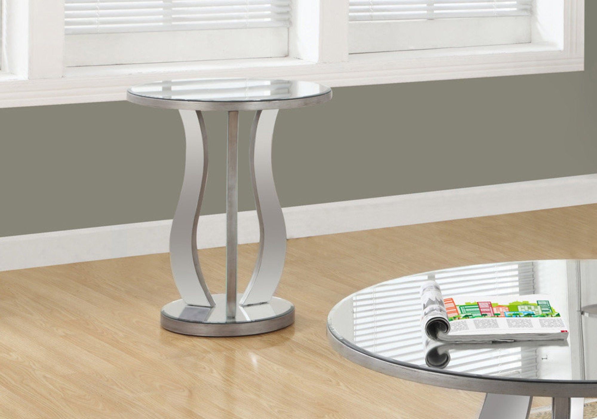 Image of accent table - 20inch dia brushed silver mirror  i 3726.