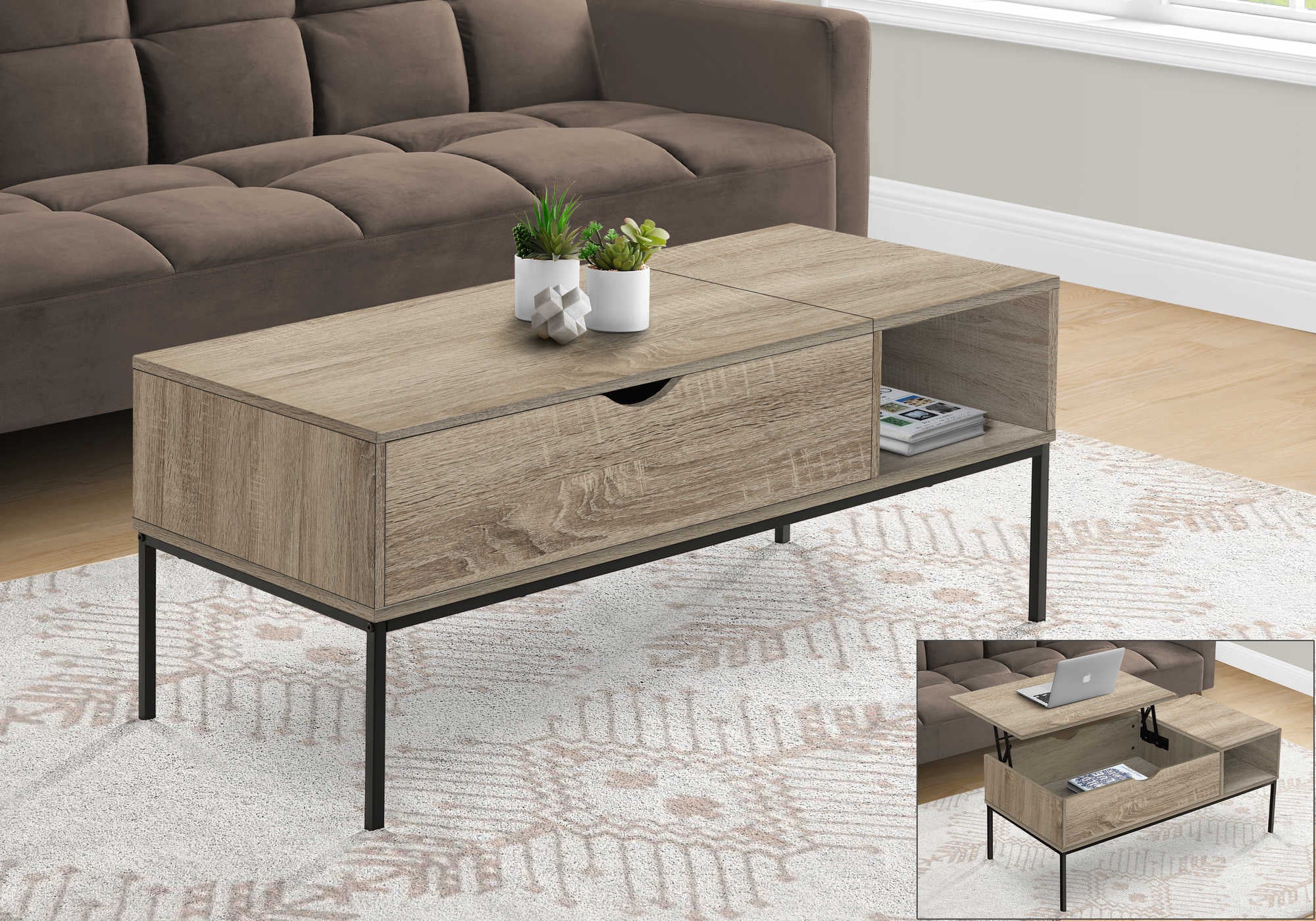 Image of coffee table - 42l  lift-top dark taupe  black metal i 3806.