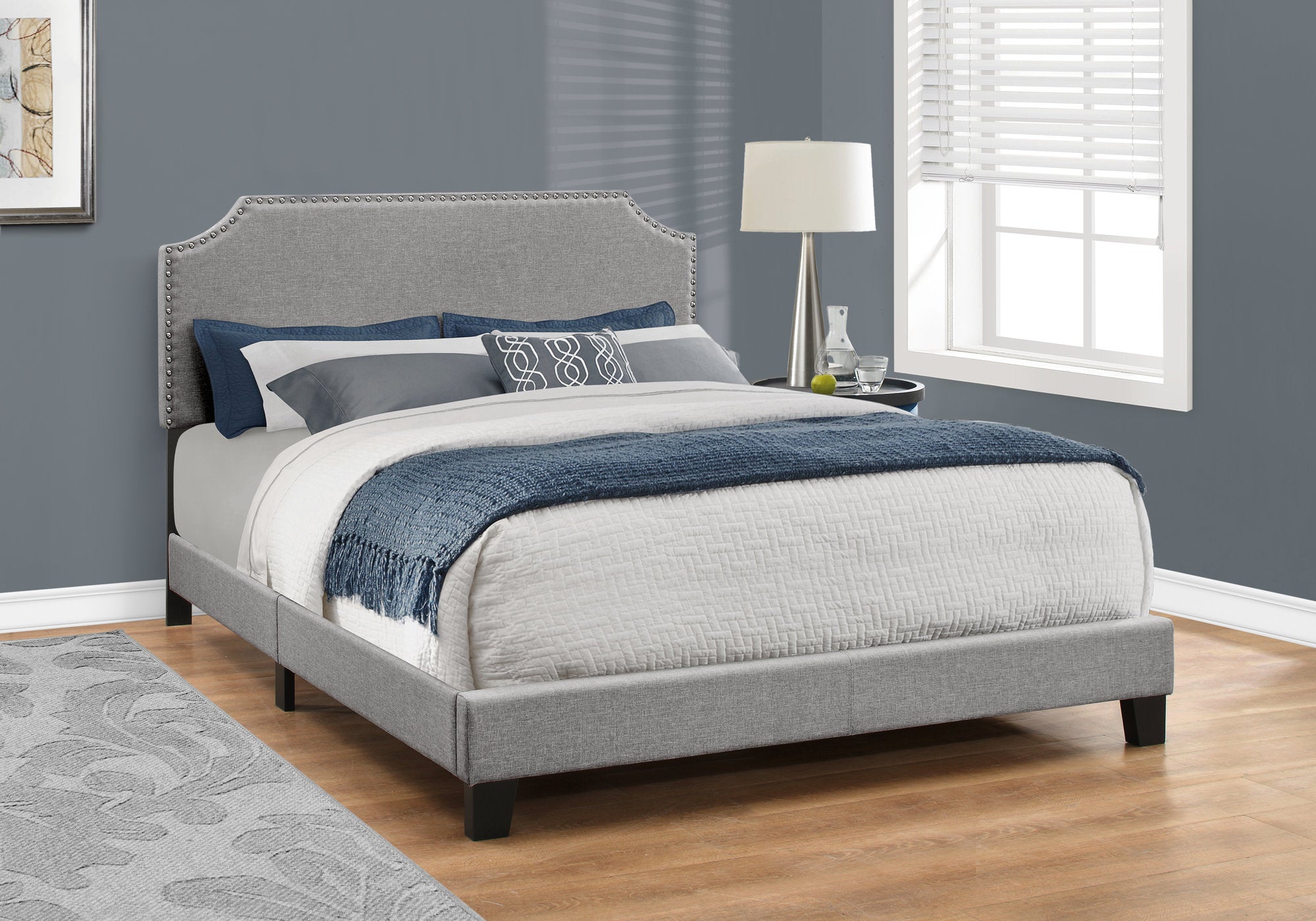 Image of bed - queen grey linen with chrome trim i 5925q.