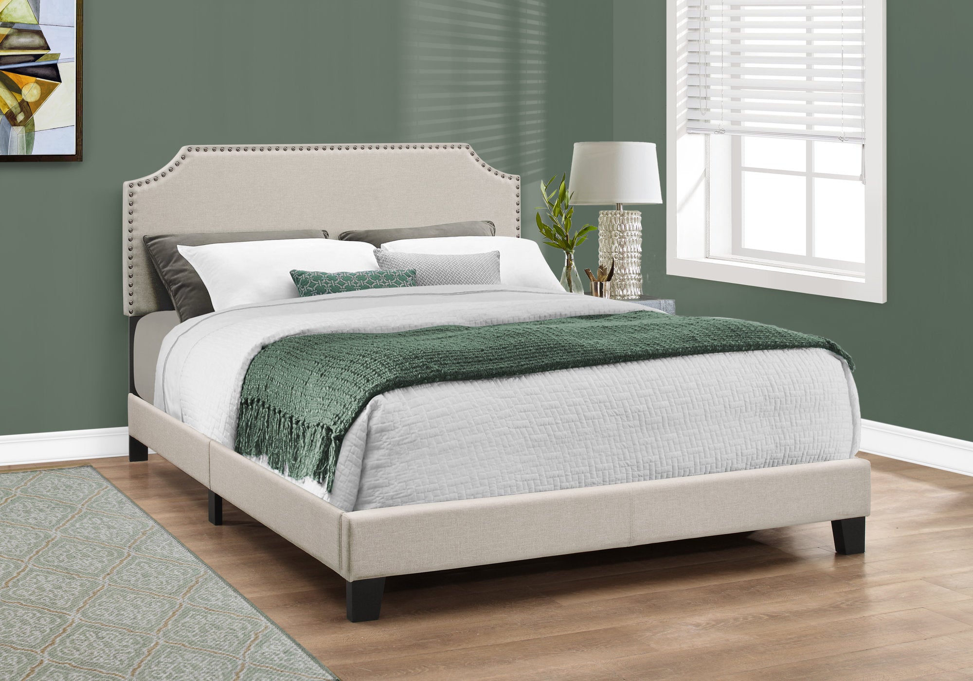 Image of bed - queen beige linen with antique brass trim i 5926q.