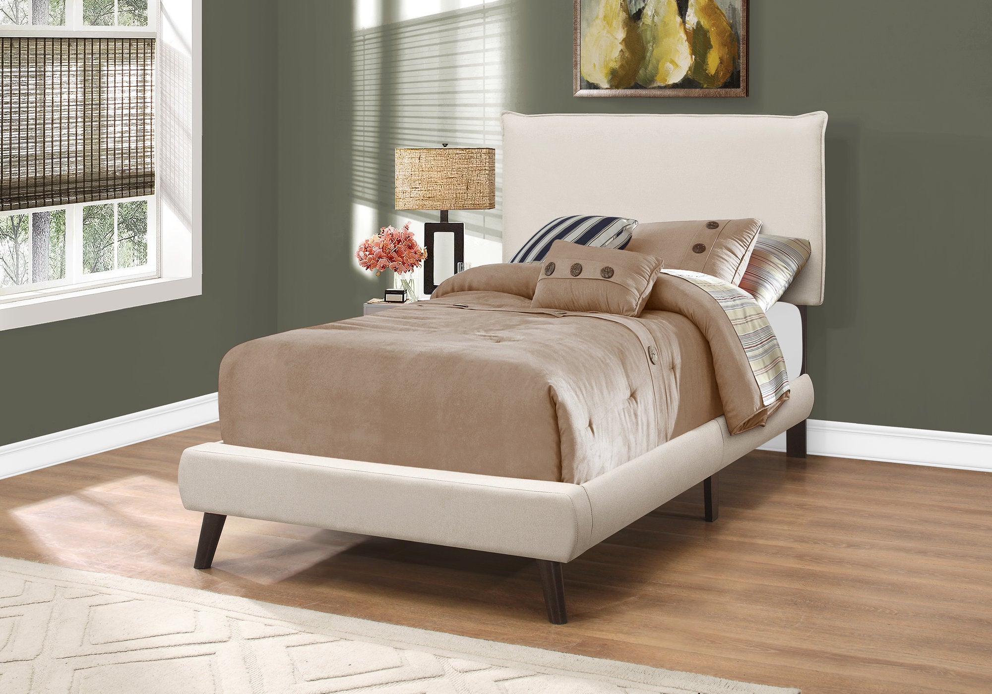 Image of bed - twin beige linen with brown wood legs i 5951t.
