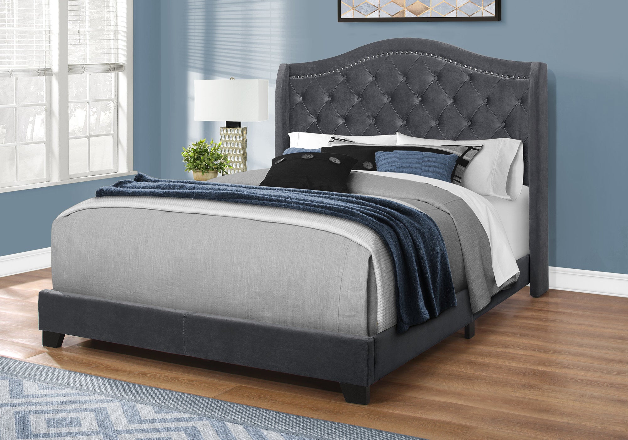 Image of bed - queen dark grey velvet with chrome trim i 5968q.