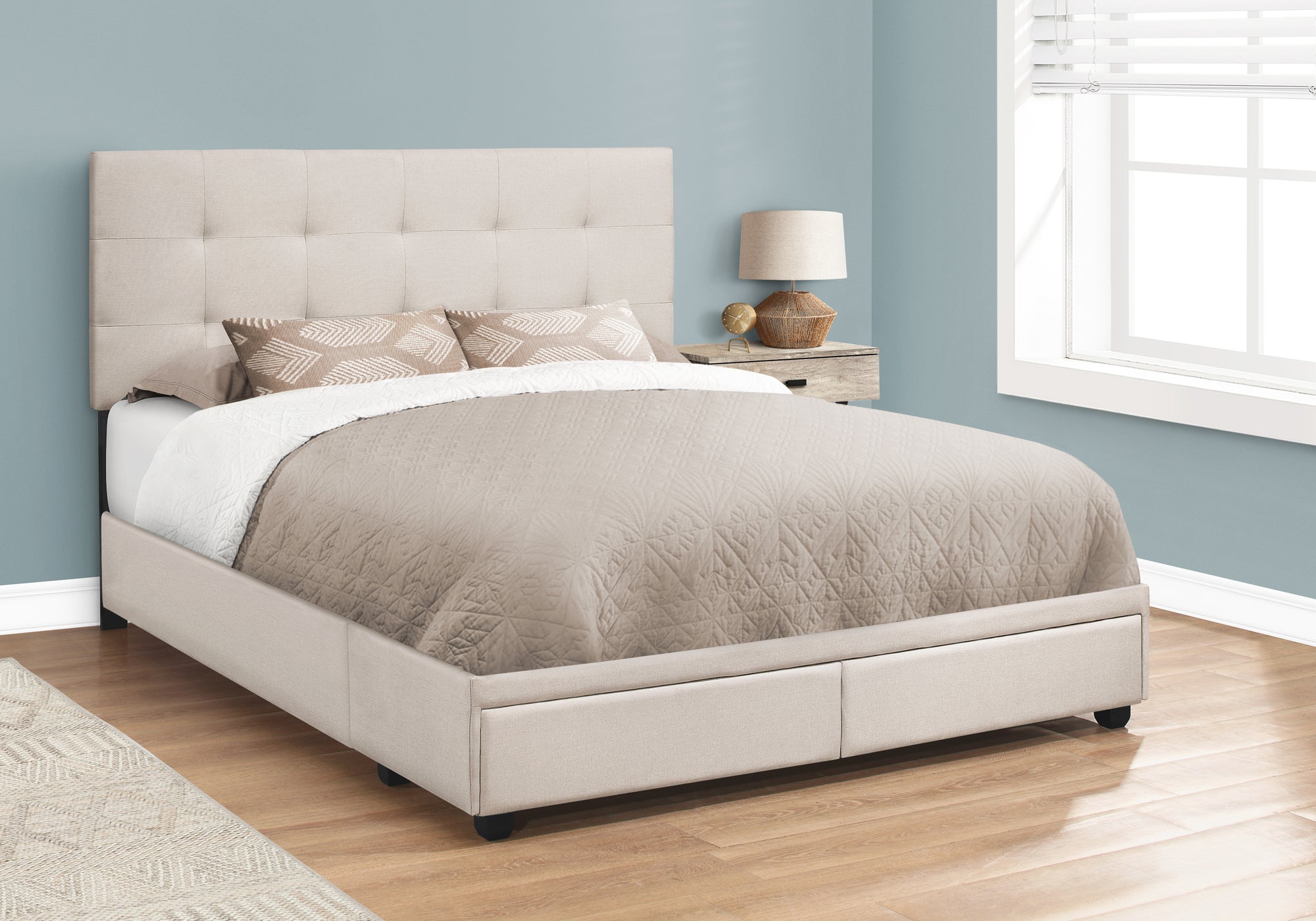 Image of bed - queen beige linen with 2 storage drawers i 6021q.