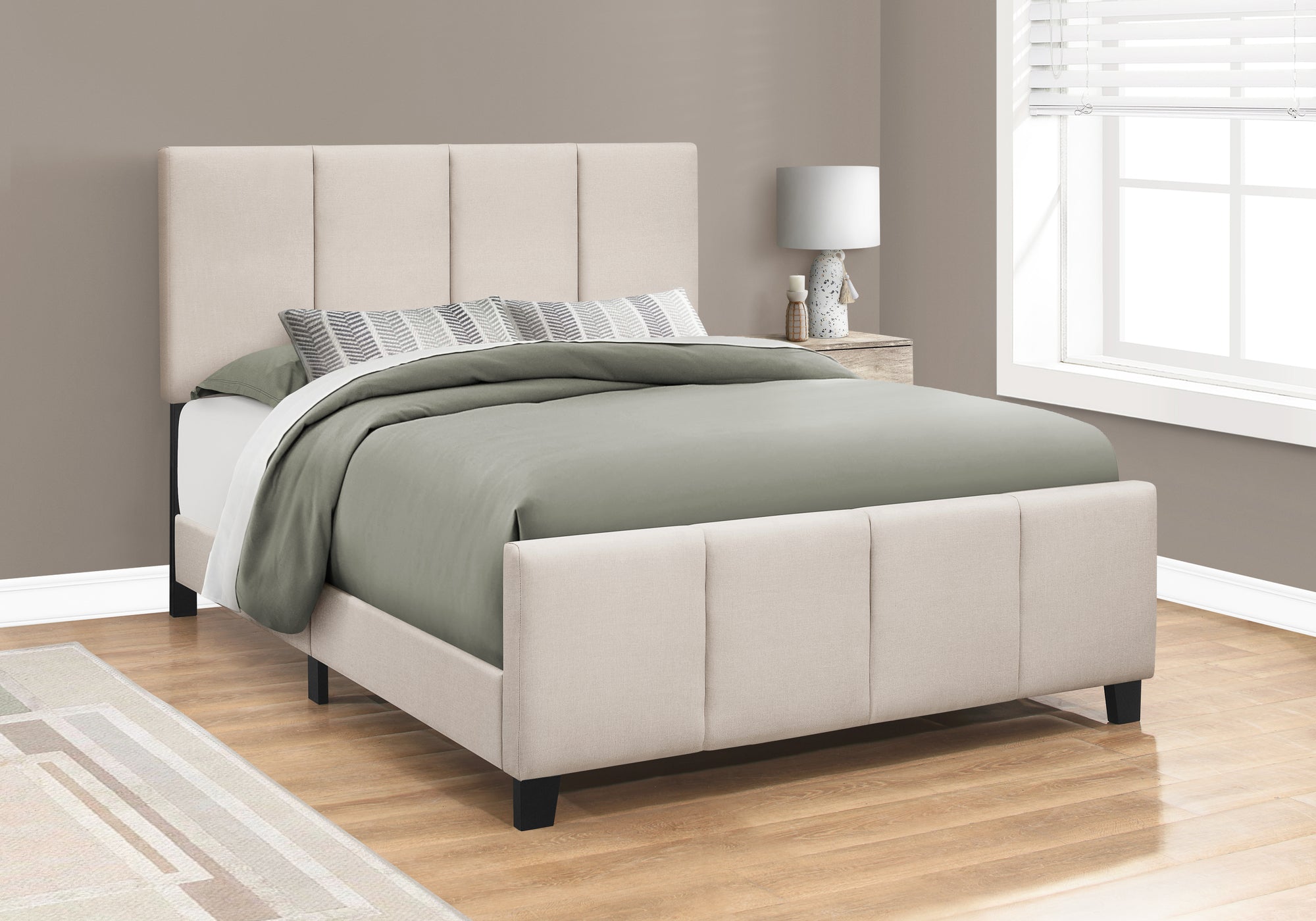 Image of bed - queen beige linen with black wood legs i 6026q.