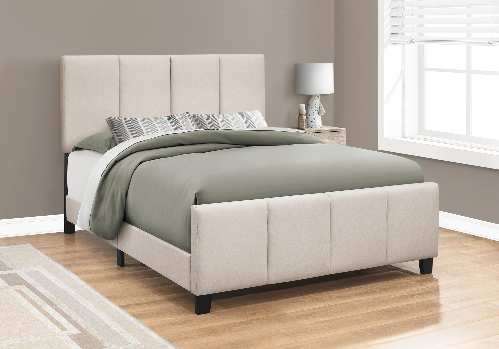 bed queen size beige linen with black wood legs i6026q