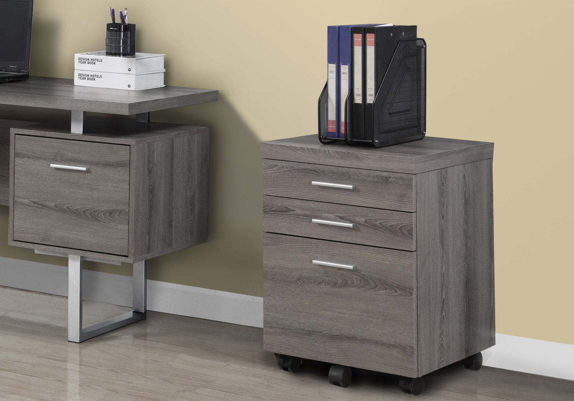 Image of filing cabinet - 3 drawer dark taupe on castors  i 7049.