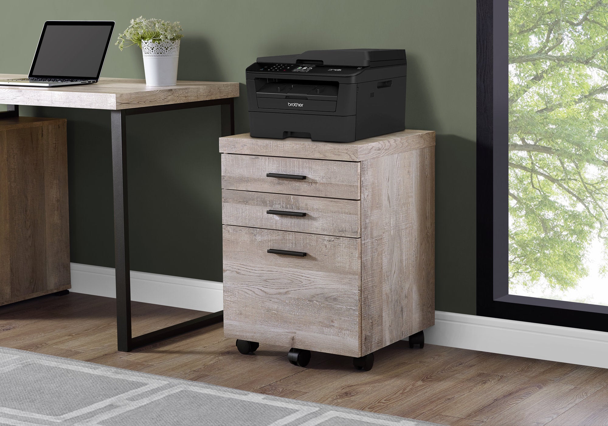 Image of filing cabinet - 3 drawer taupe reclaimed wood/ castors  i 7402.