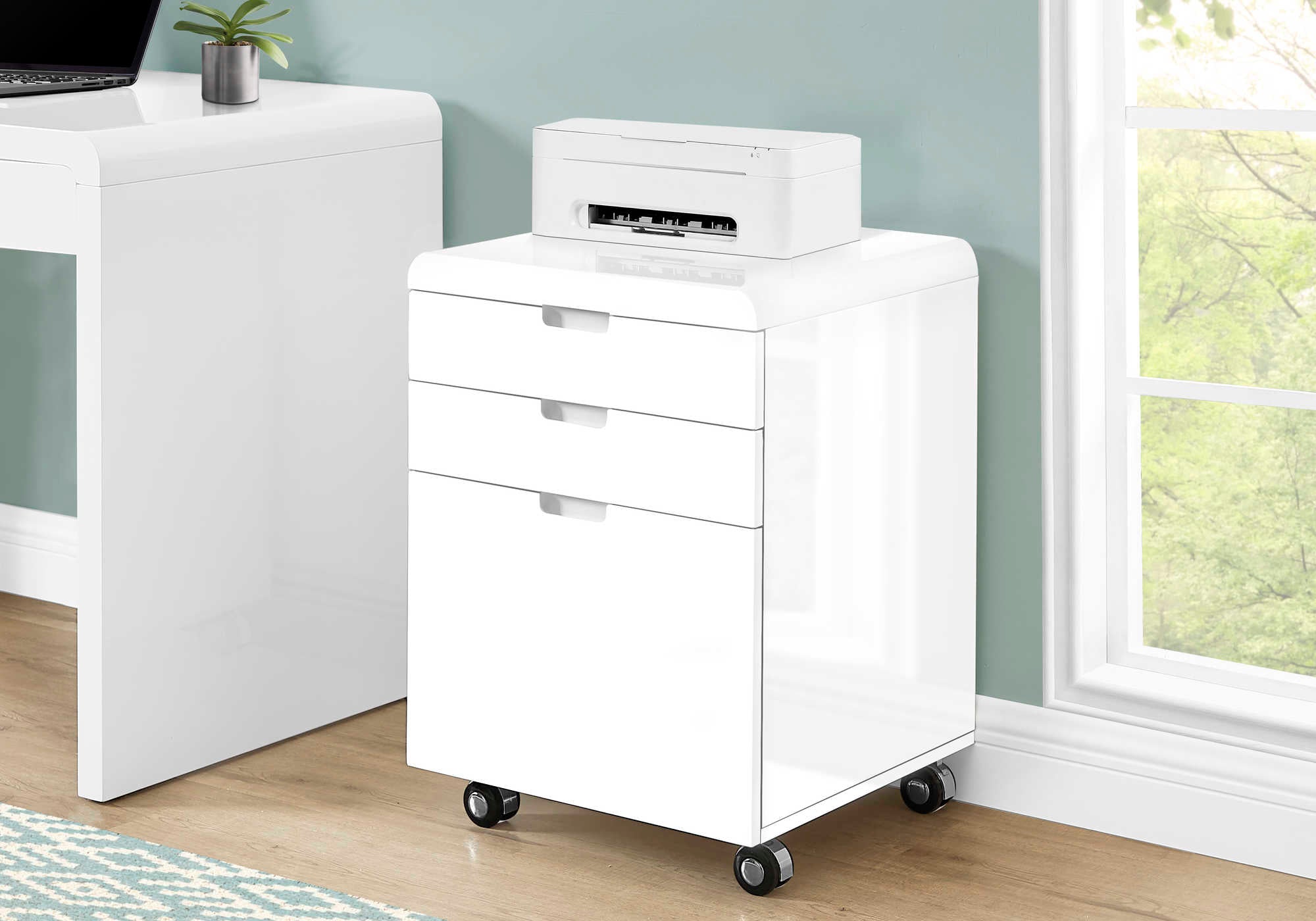 Image of filing cabinet - 3 drawer  high glossy white  castors i 7583.