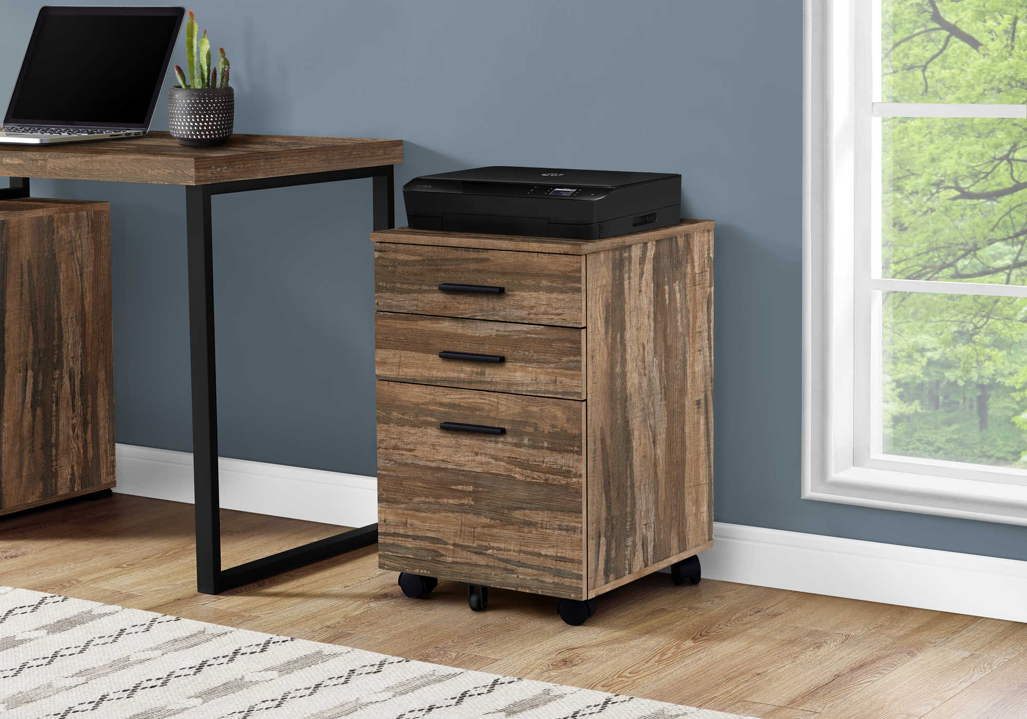 Image of filing cabinet - 3 drawer  brown reclaimed on castors i 7782.