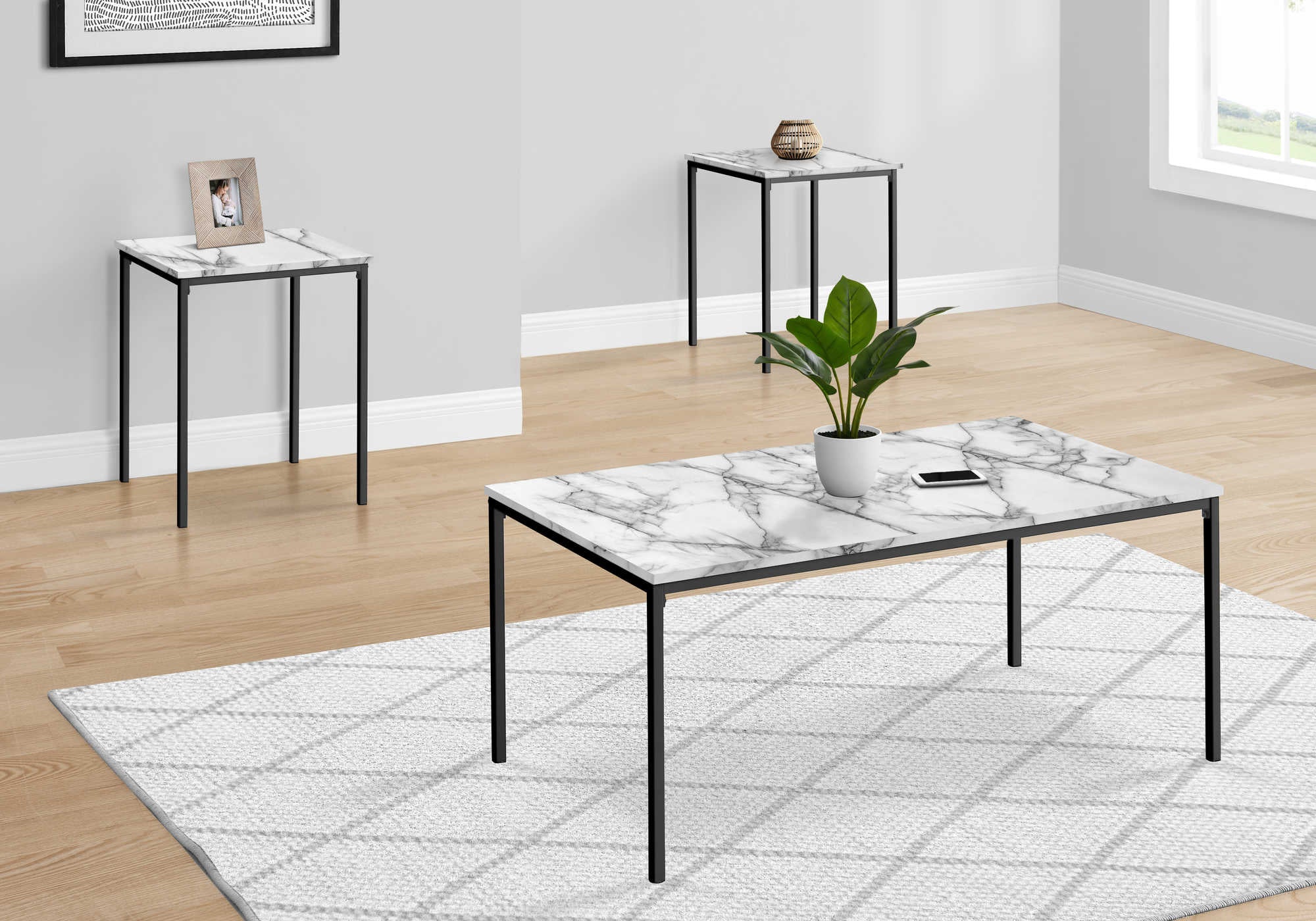 Image of table set - 3pcs set  white marble  black metal i 7892p.