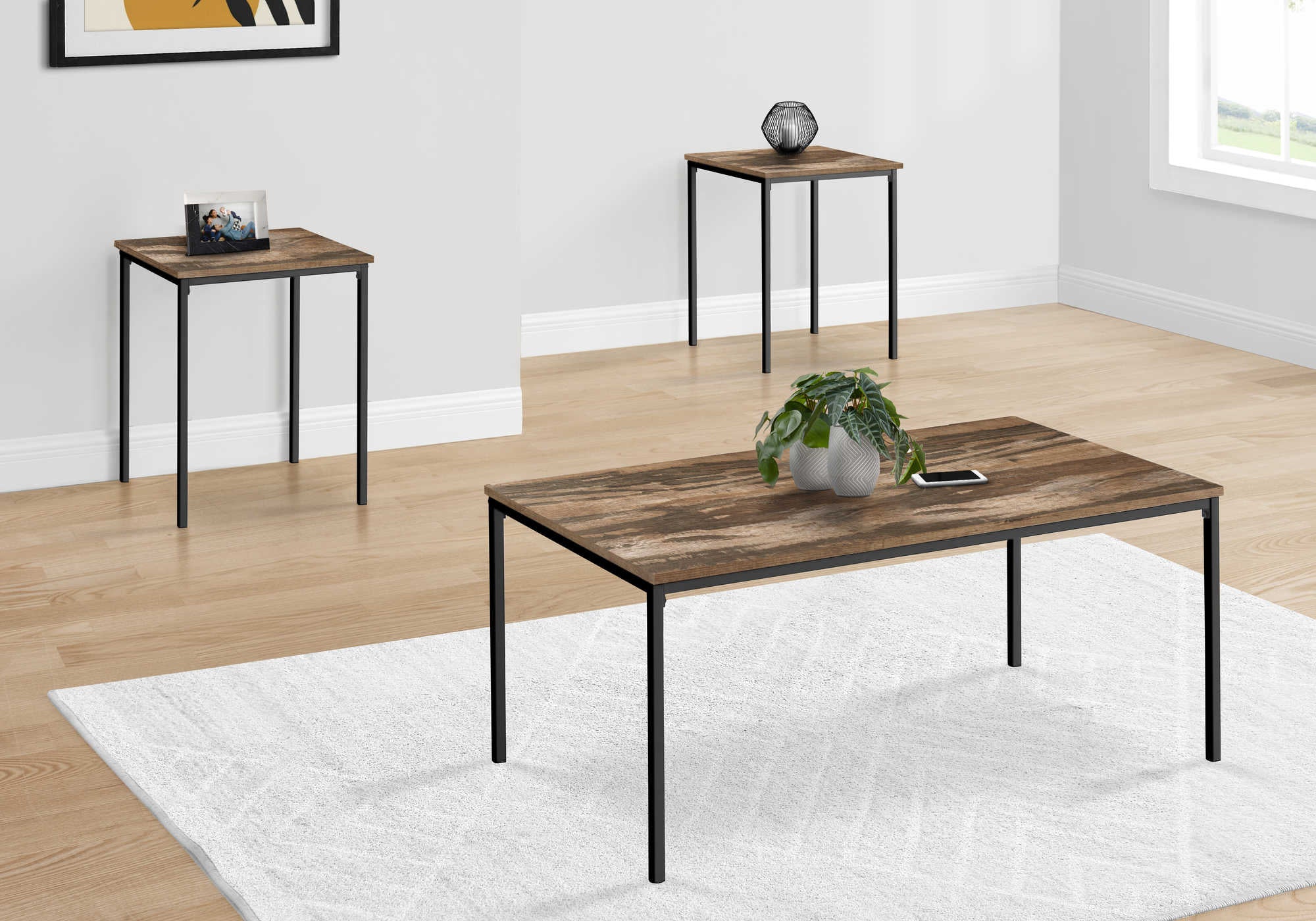 Image of table set - 3pcs set  brown reclaimed  black metal i 7893p.
