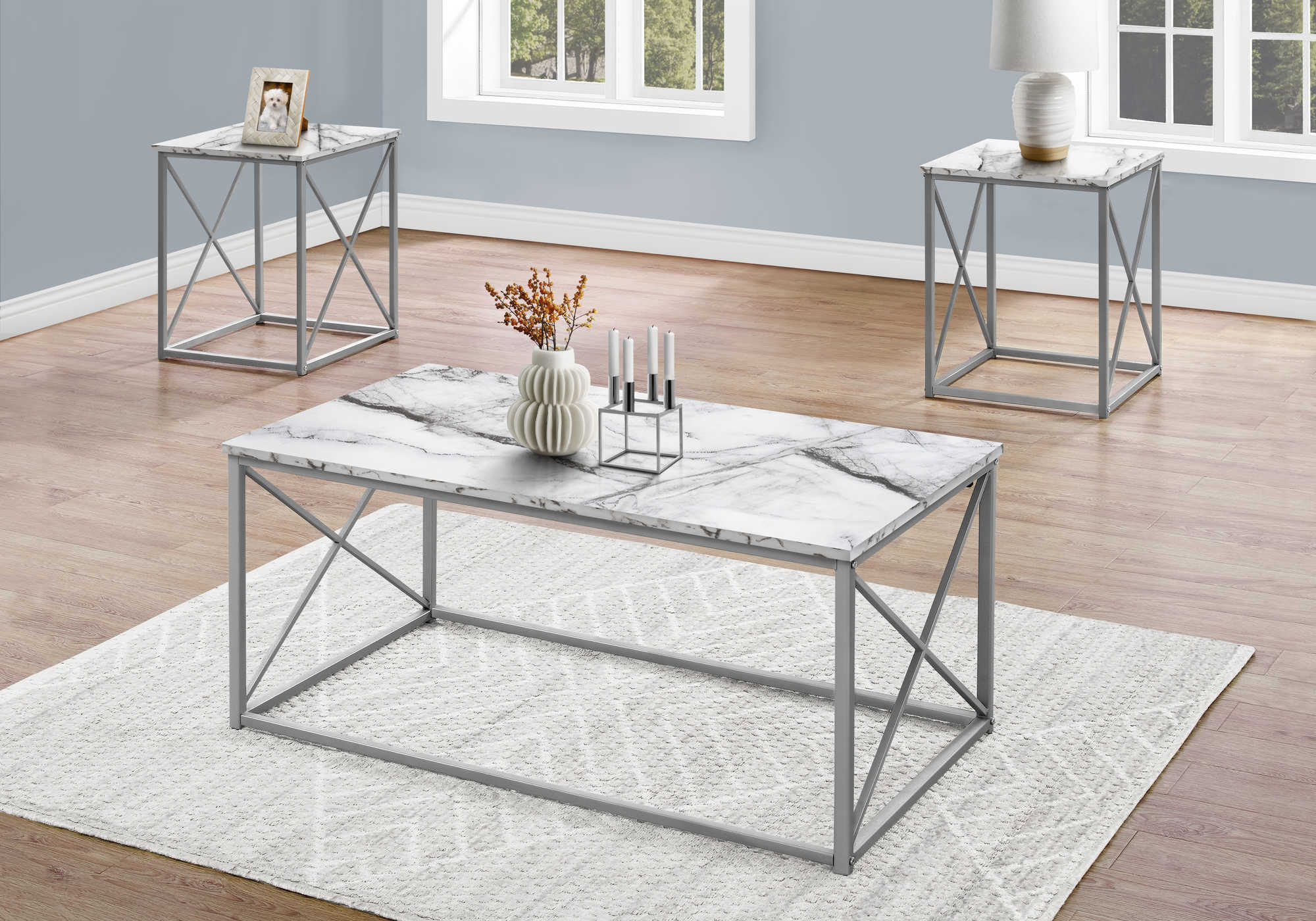 Image of table set - 3pcs set  white marble  silver metal i 7953p.