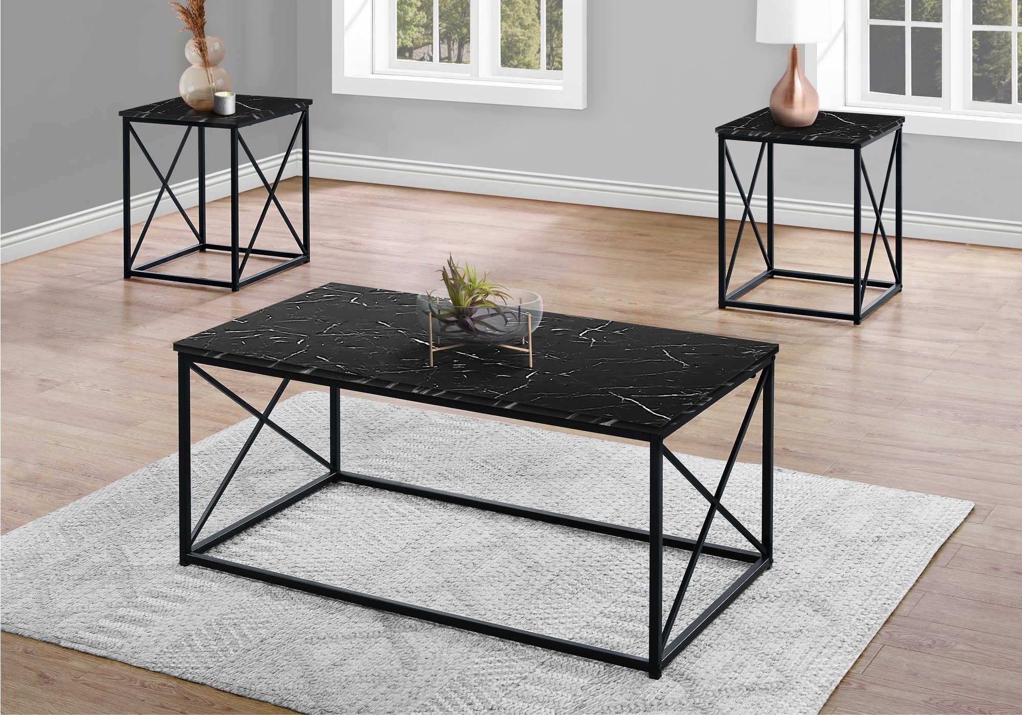 Image of table set - 3pcs set  black marble  black metal i 7954p.
