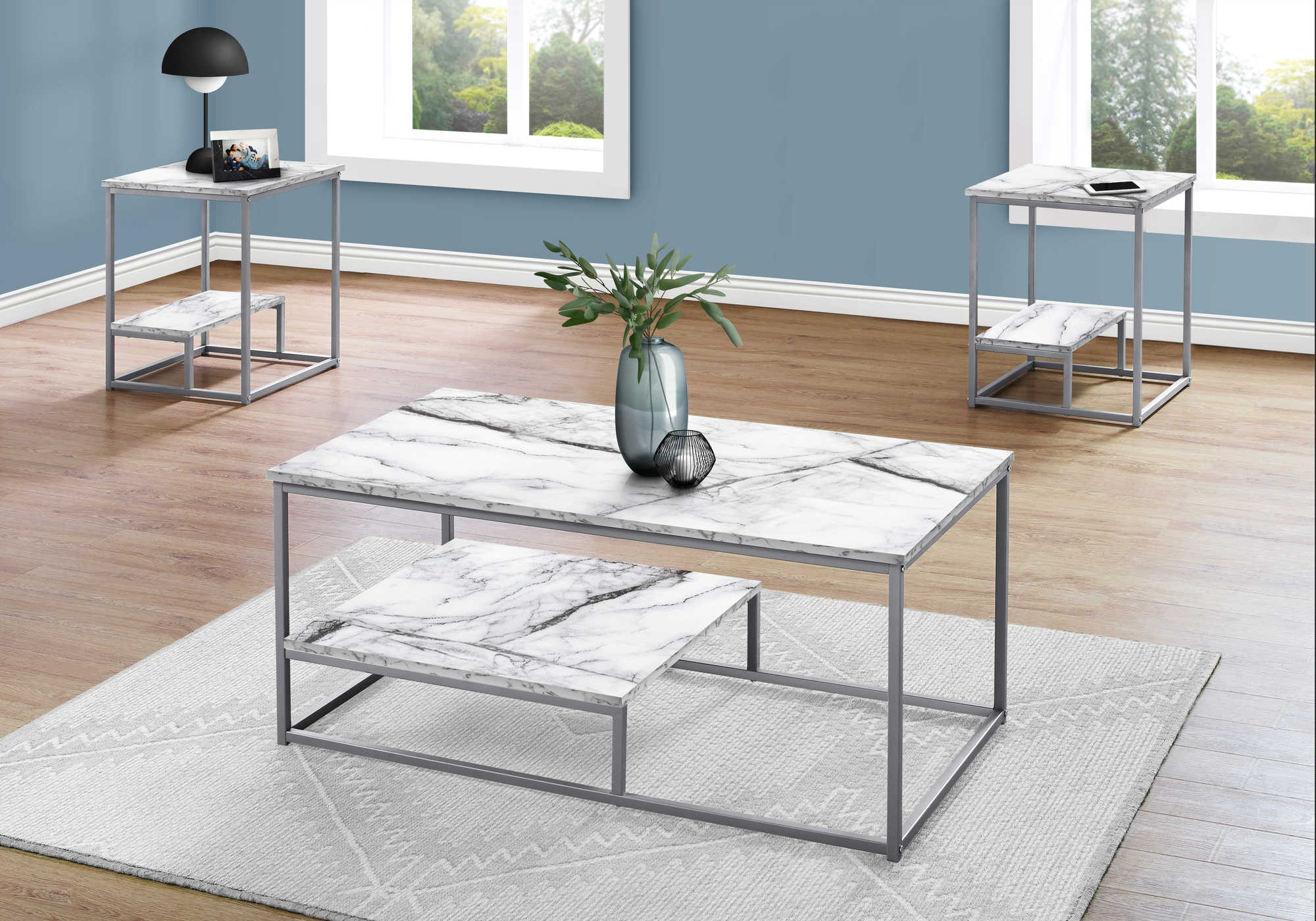 Image of table set - 3pcs set  white marble  silver metal i 7963p.