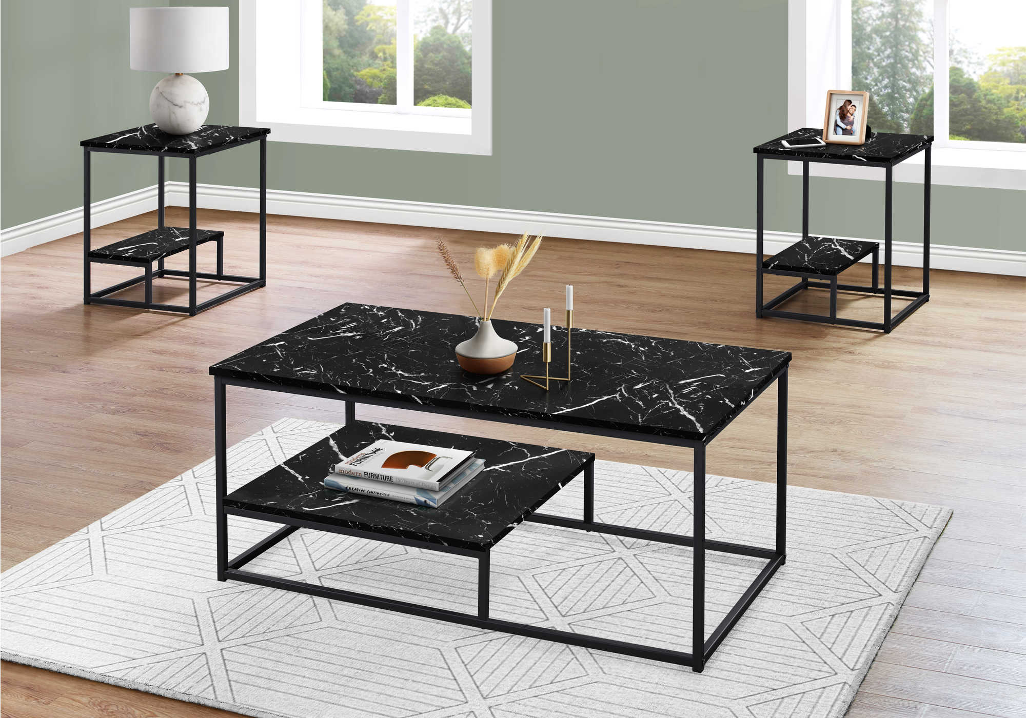 Image of table set - 3pcs set  black marble  black metal i 7964p.