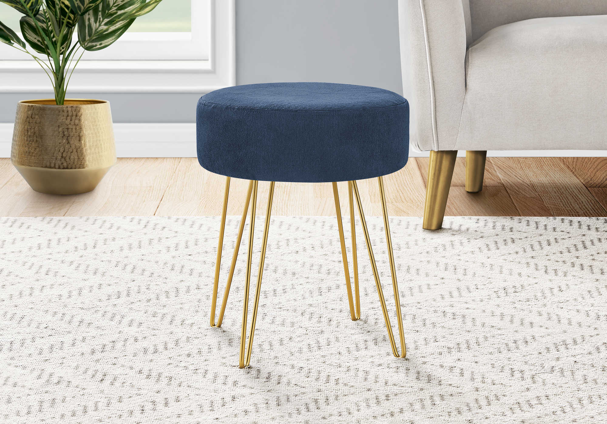 Image of ottoman - blue fabric  gold metal legs i 9002.