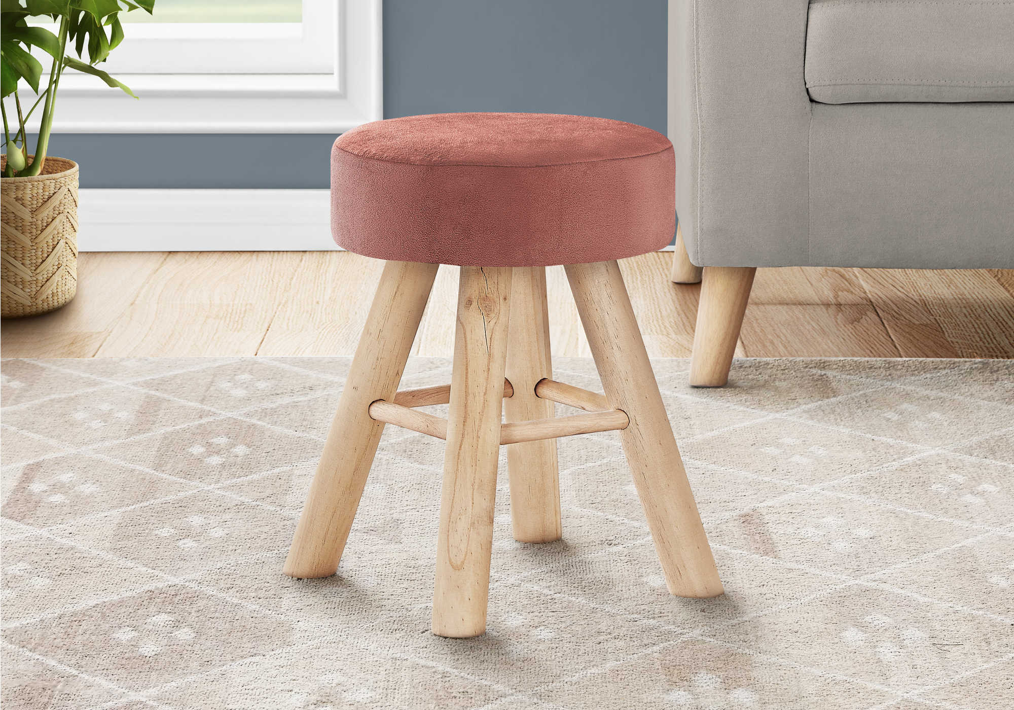 Image of ottoman - dark pink velvet  natural wood legs i 9007.