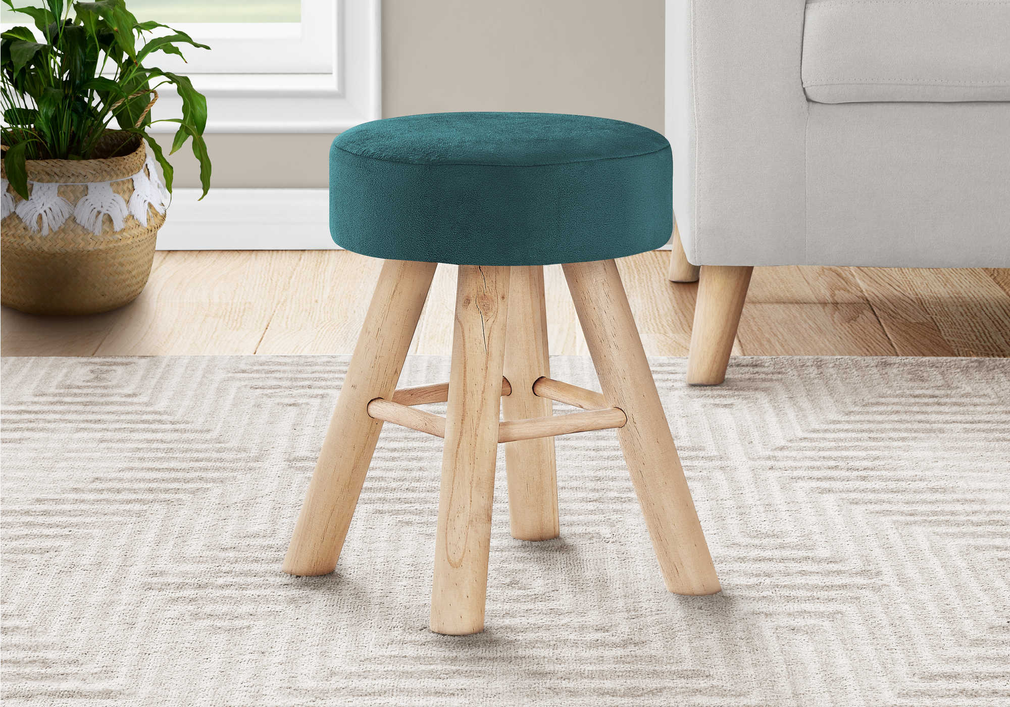 Image of ottoman - turquoise velvet  natural wood legs i 9009.