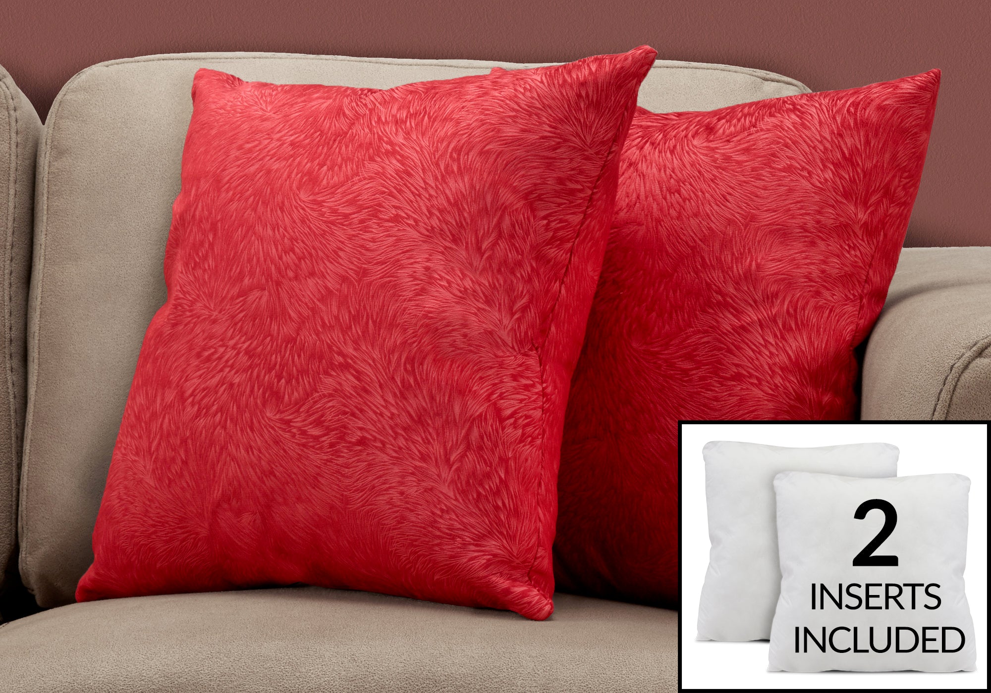 Image of pillow - 18inch x 18inch red feathered velvet 2pcs  i 9327.