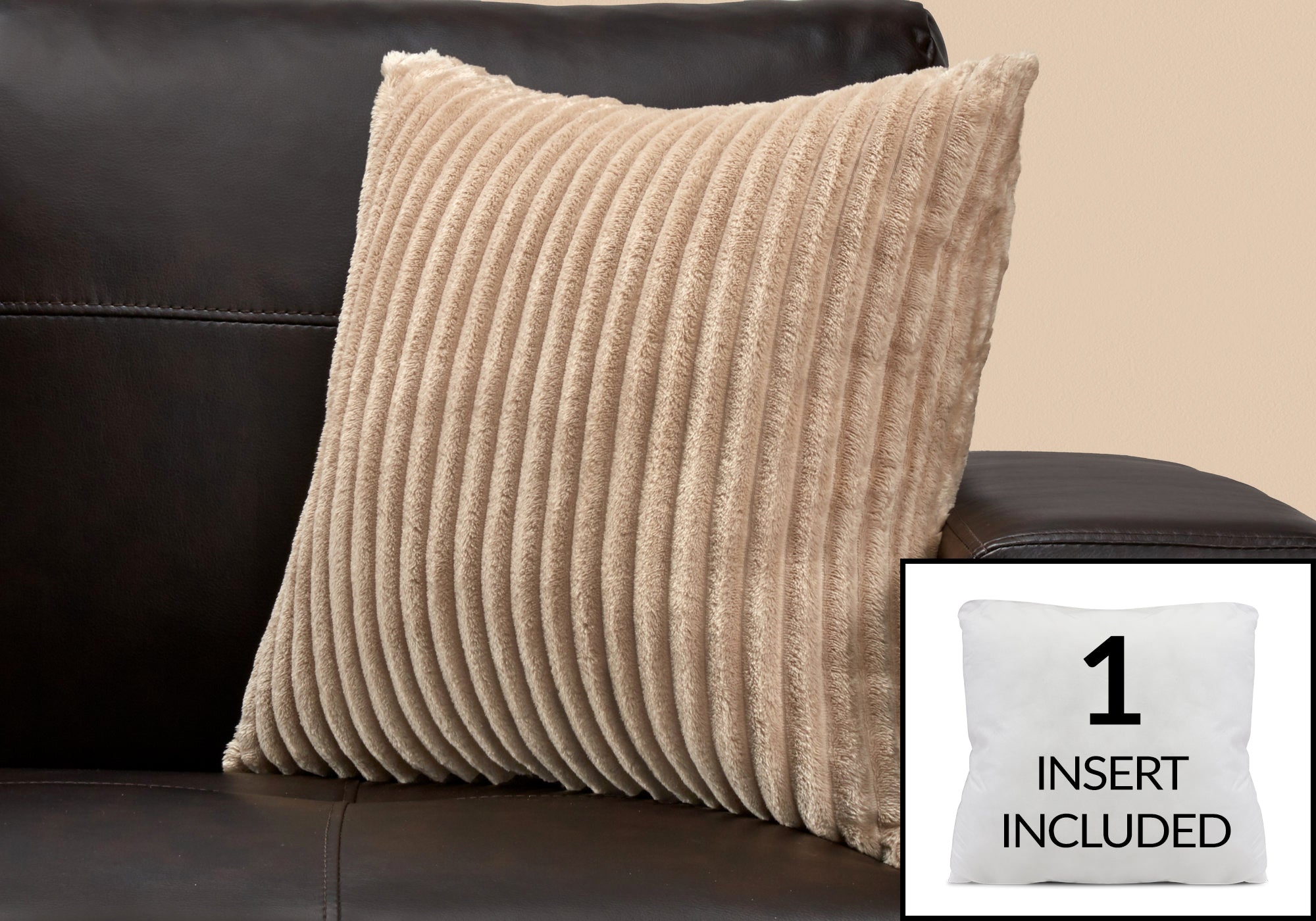Image of pillow - 18inch x 18inch beige ultra soft ribbed style 1pc  i 9354.